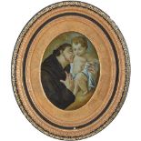 PITTORE ITALIANO DEL XIX SECOLO PITTURA su vetro ovale "Sant'Antonio con Bambino" entro cornice in