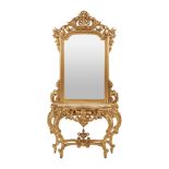 IMPORTANTE CONSOLE con specchiera in legno dorato da argento a mecca, piano in marmo giallo. Sicilia