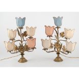 COPPIA CANDELABRI a cinque luci in ottone con ventole in stoffa. XIX secolo Misure: h cm 52