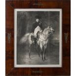 STAMPA in bianco e nero raffigurante "Napoleone a cavallo" entro cornice in piuma di mogano con