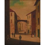 FLAVIO CARLO NATOLI (Venezia 1908 - ?) OLIO su tela "Strada di paese con personaggi", firmato in