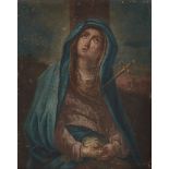PITTORE SICILIANO DEL XVIII SECOLO OLIO su tavoletta "Madonna addolorata con paesaggio nello