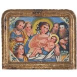 SCUOLA SICILIANA DEL XIX SECOLO PITTURA su vetro "Sacra Famiglia con San Girolamo, Sant' Anna, Santa