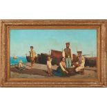 MICHELE CORTEGIANI (Napoli 1857 - Tunisi 1928) OLIO su tela "Pescatori con barche a secco",