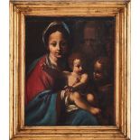 SCUOLA EMILIANA DEL XVII SECOLO OLIO su tavola "Sacra famiglia e San Giovanni". cm 51,5x42.