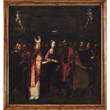 SCUOLA FIAMMINGA DEL XVII SECOLO OLIO su tela "Lo sposalizio della Vergine". cm 130x122.