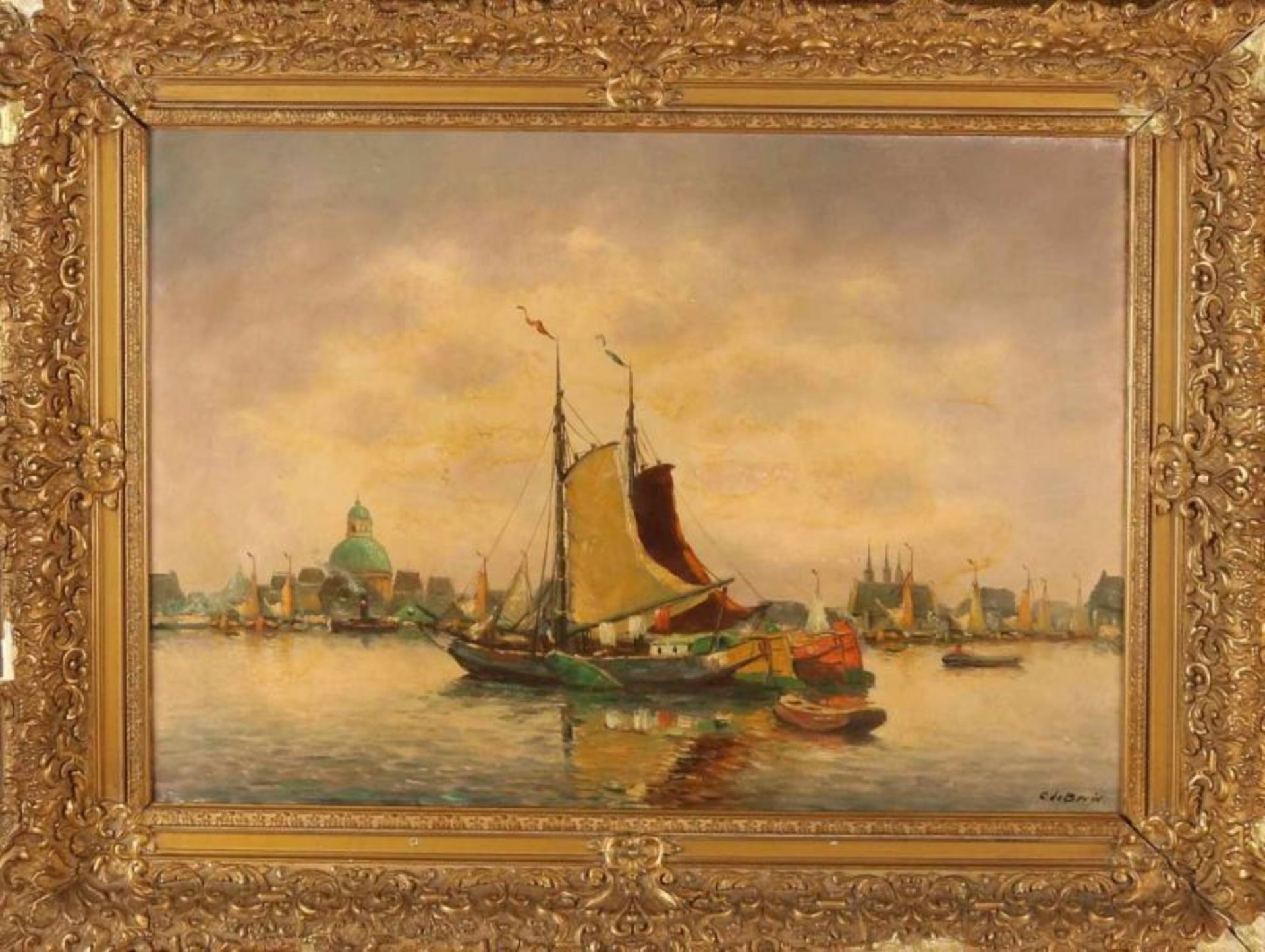 G. de Bruin. Circa 1936. Dutch harbor scene with boats. Oil on linen. Dimensions: H 50 x W 70 cm. In