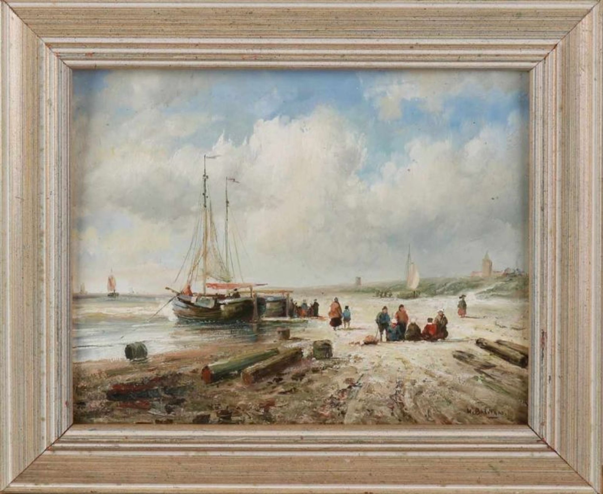 H. Balman. 21st century. Dutch beach scene with fisherfolk and fishing boats. Oil paint on panel.