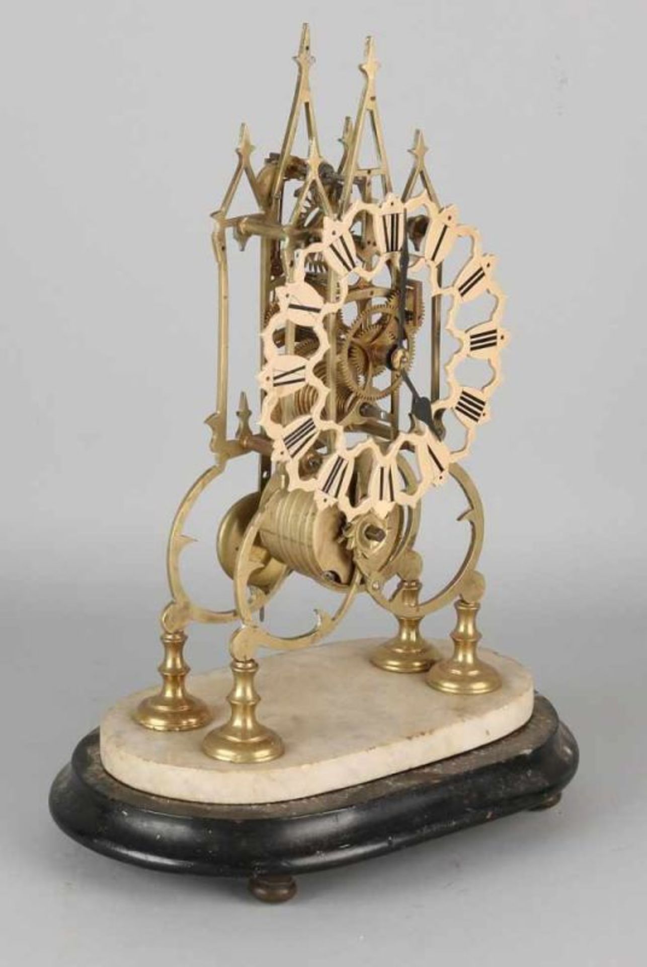 Antique English brass skeleton clock with fusee. On wood with alabaster basement. Circa 1880. - Image 2 of 3
