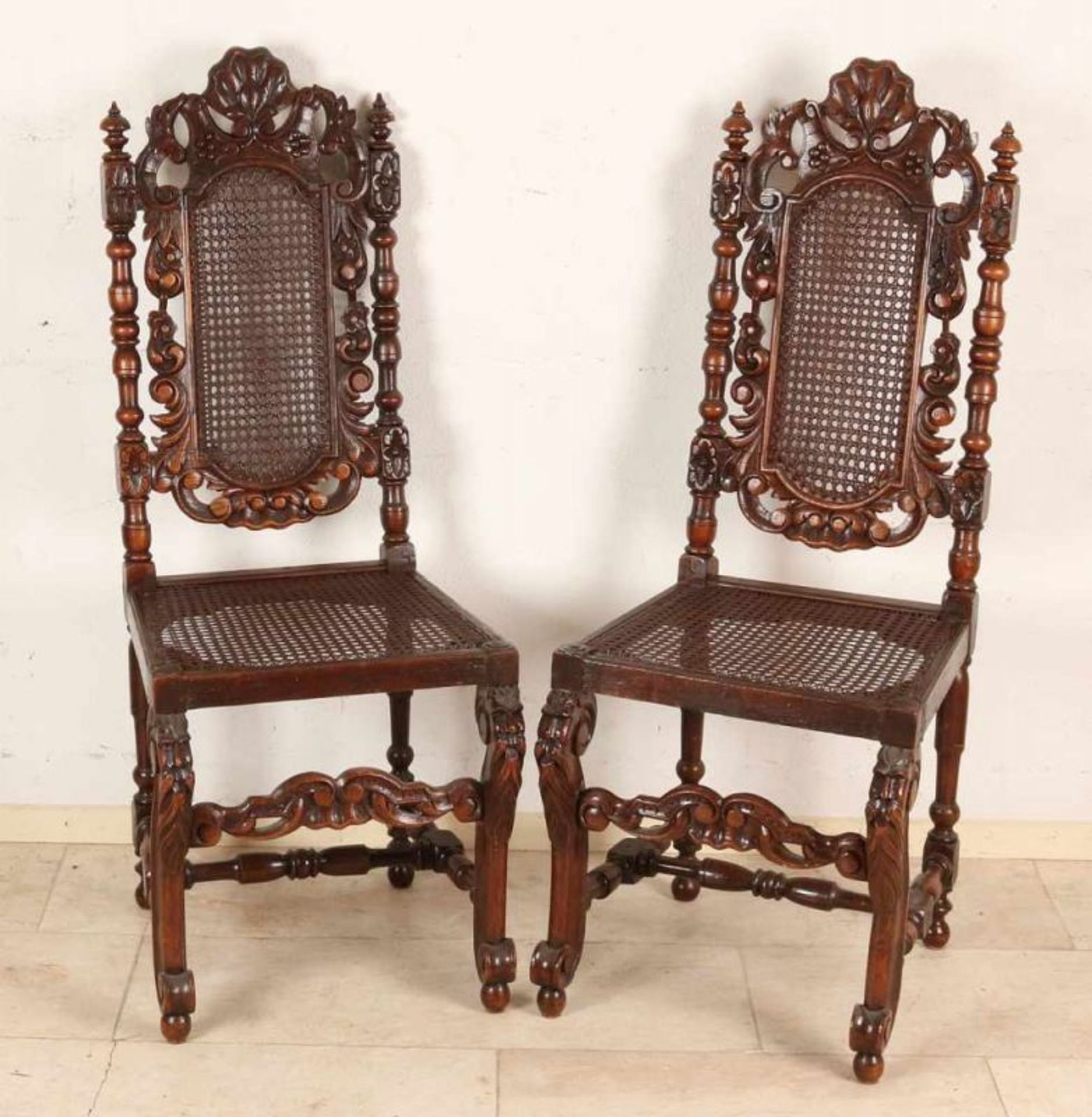 Six antique French oak Neo Renaissance stabbed chairs with wicker. Fratsen tendrils and on the legs. - Image 2 of 3