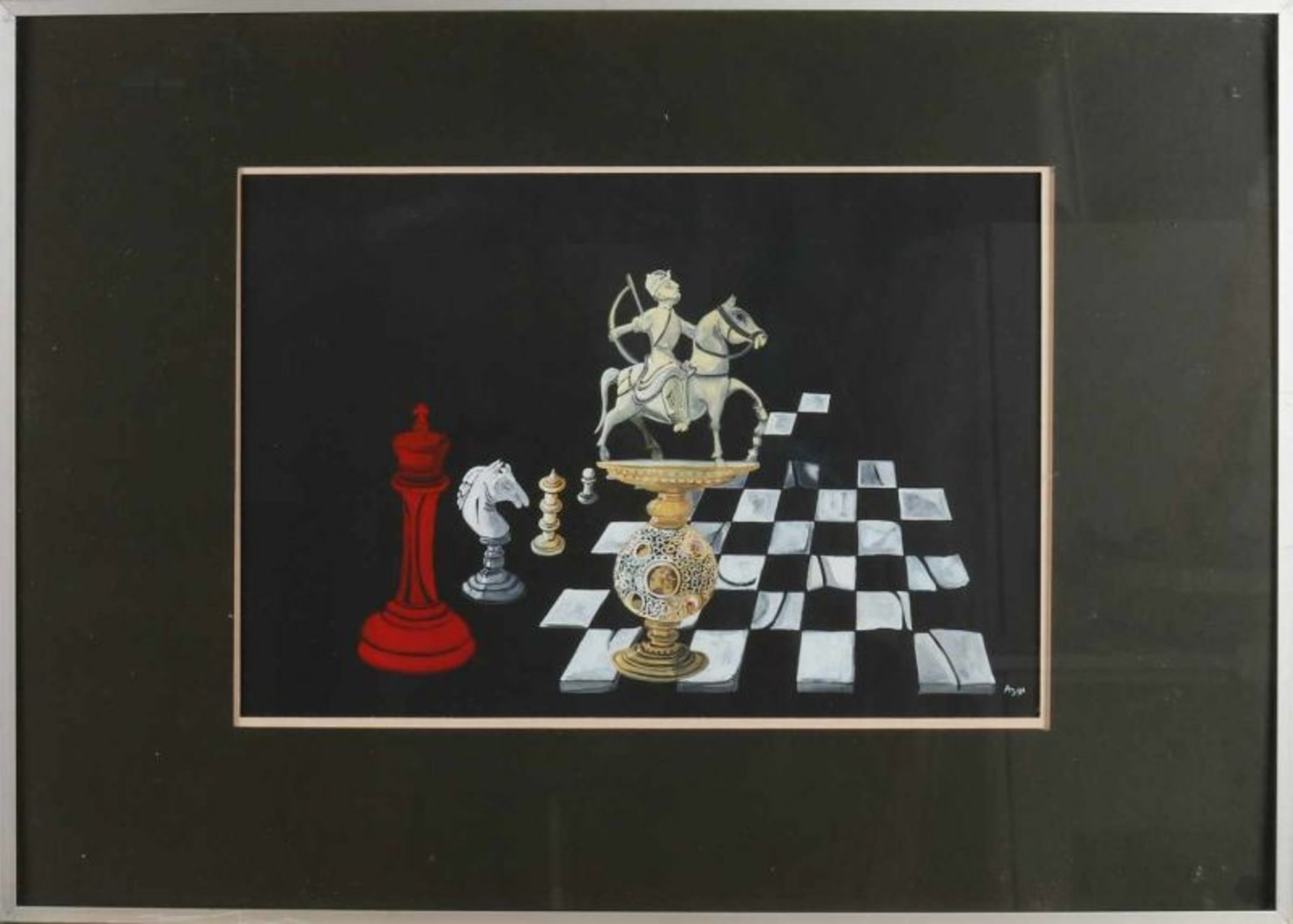 Aad van den Bosch. 1937 -. Chess Presentation. Gouache on paper. Size: 30 x H, B 45 cm. In good - Bild 2 aus 2