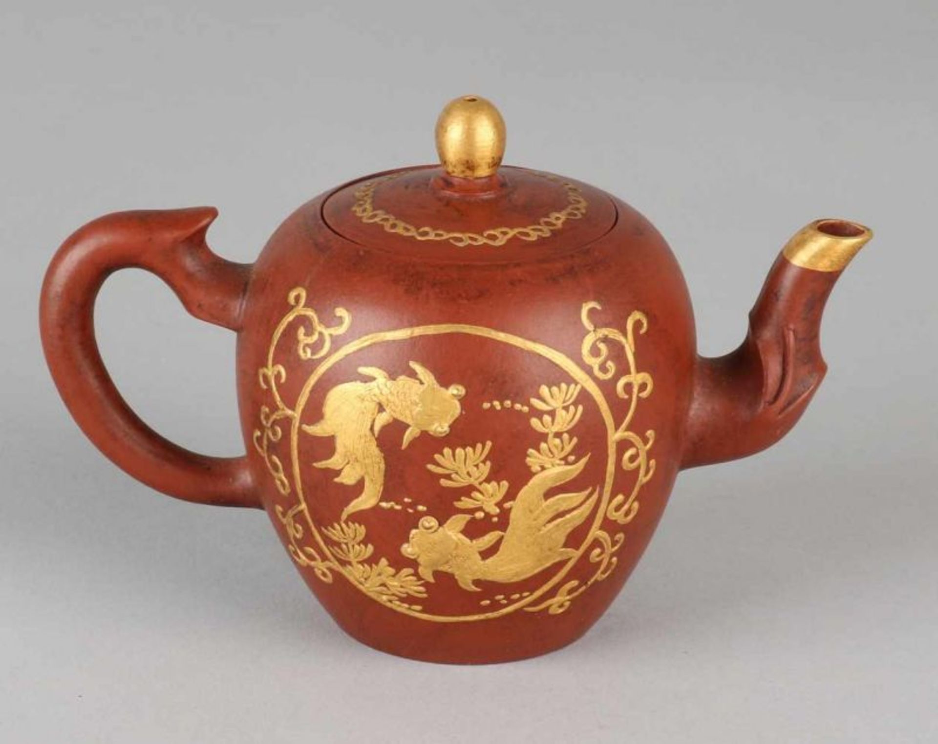 Old / antique Chinese Yixing teapot with golden veil fish decor. Bottom Brand. Size: 9 x 13 x 7 - Image 2 of 3