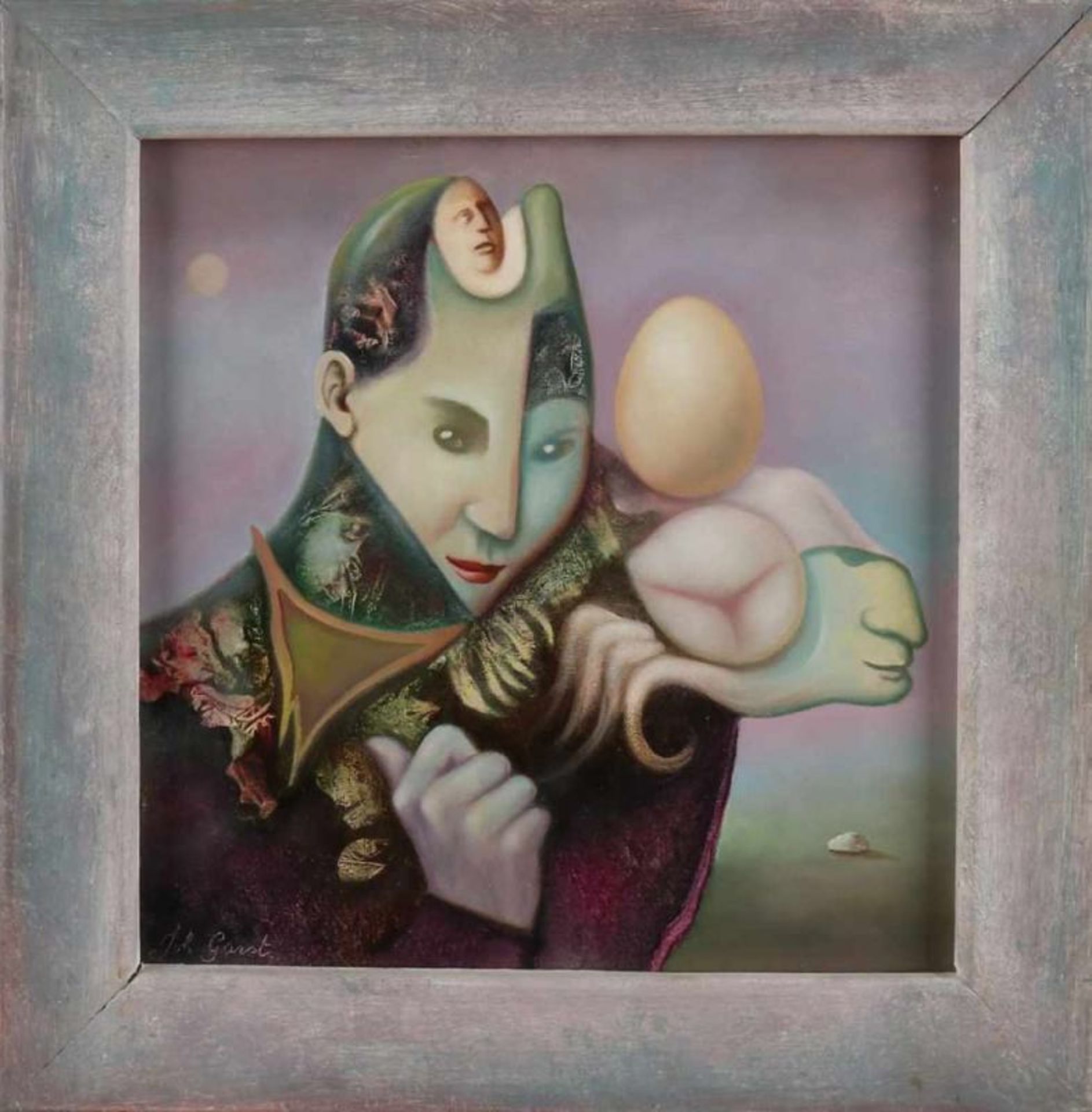 John Garst. 1950 -. Surrealistic Fig. Oil paint on panel. Dimensions: H 27 x W 27 cm. In good