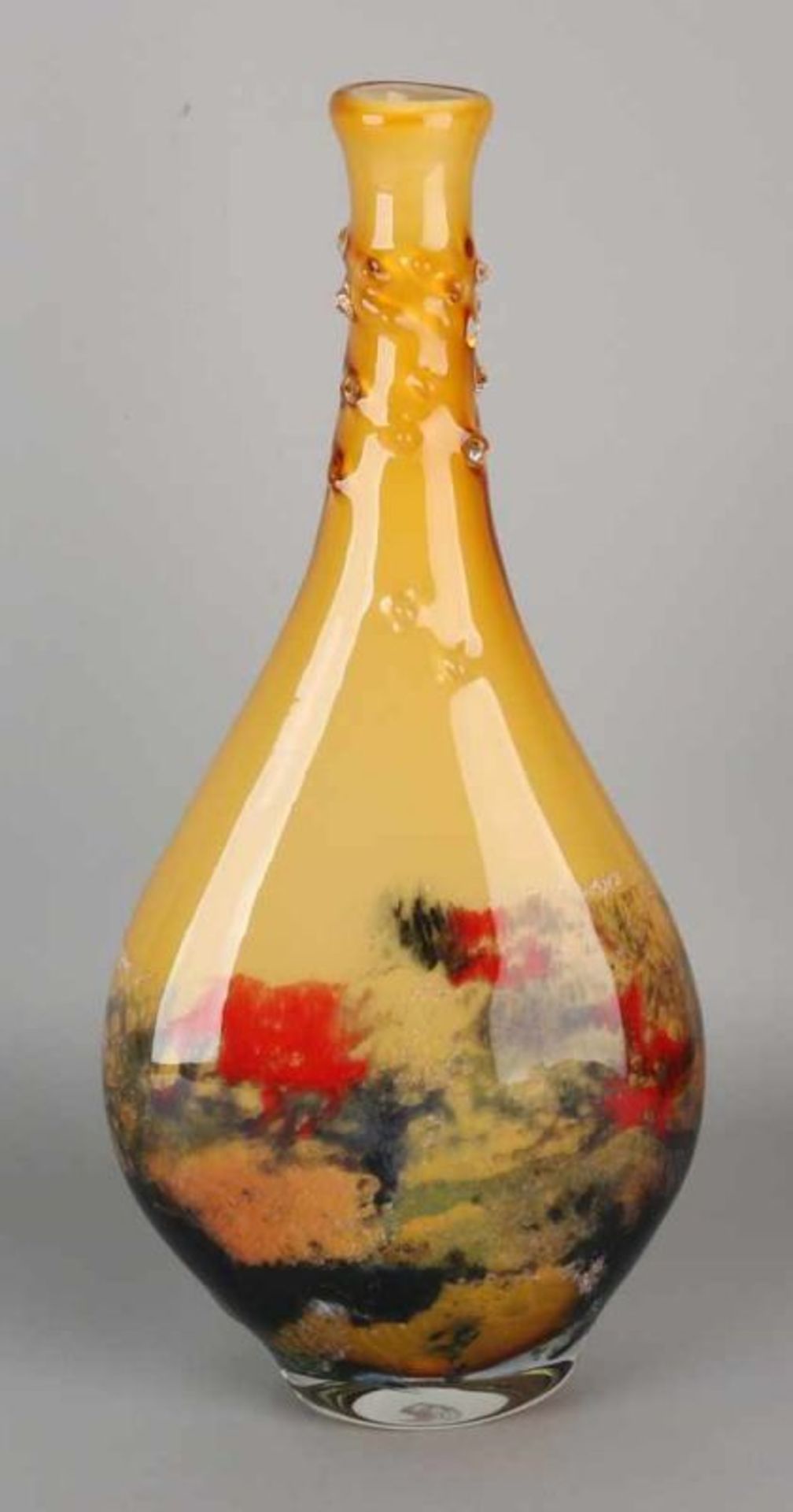 Large bottle shaped art glass vase with studs. Earth tones. 21st century. Size: H 49 cm. In good