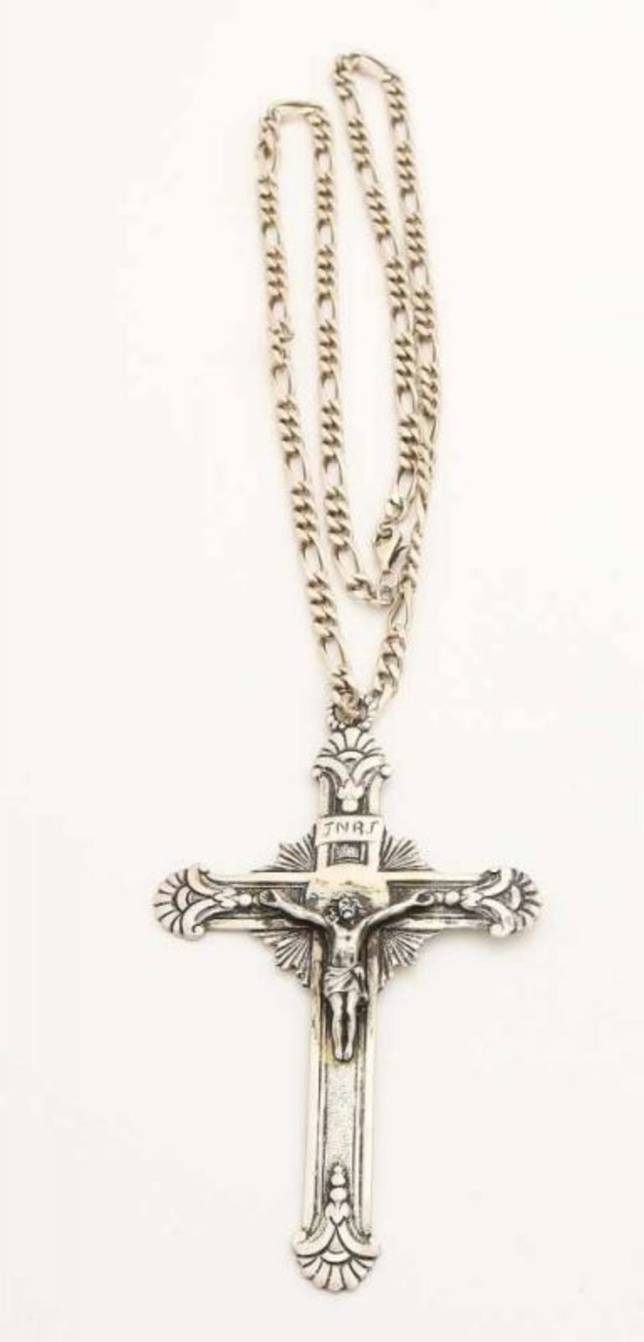 Silver necklace, 925/000, with cross, 800/000. Long Figaro necklace with it a large silver crucifix,