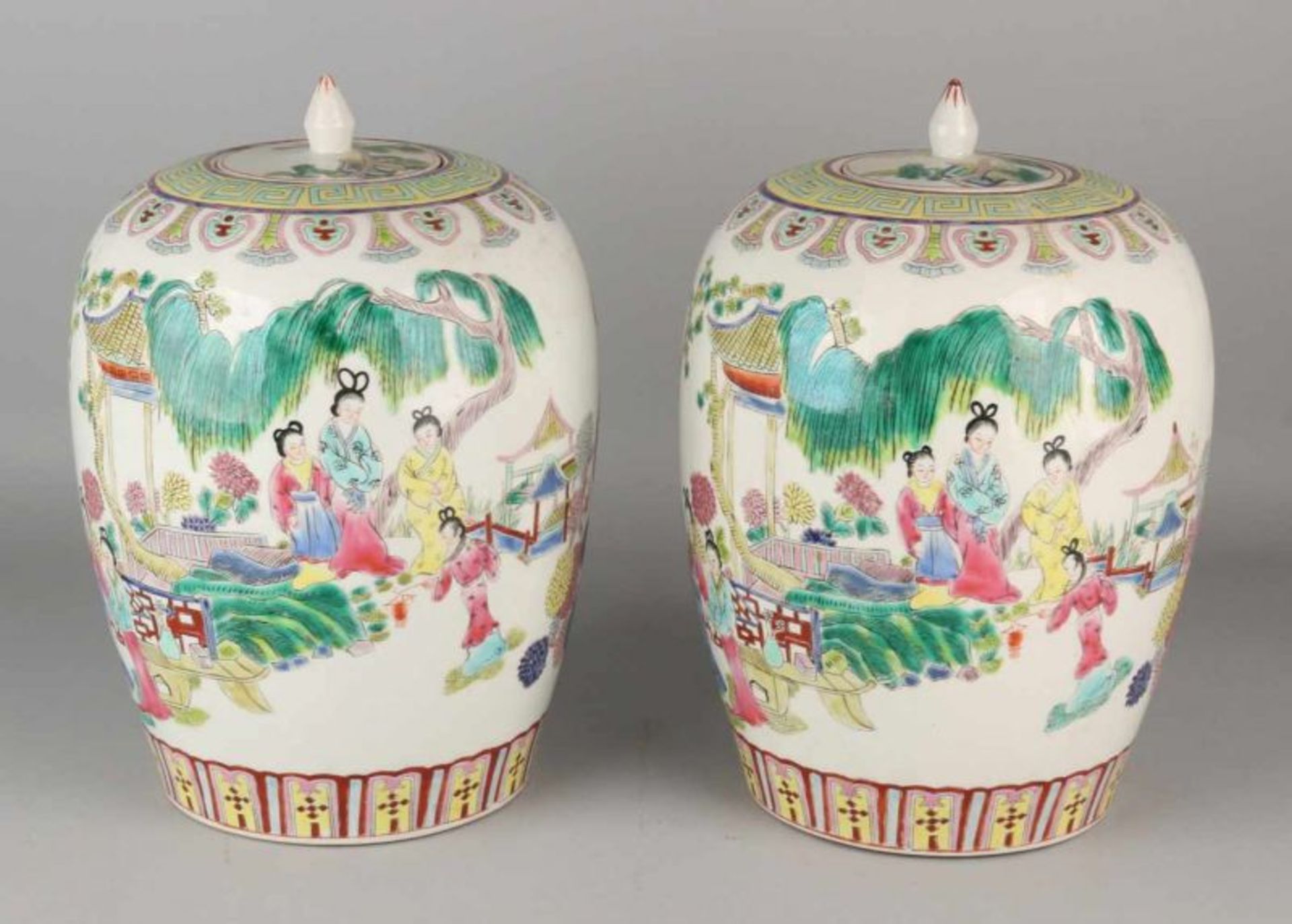 Two big old / antique Chinese porcelain vases Family Rose cover with soil and mark figures in garden