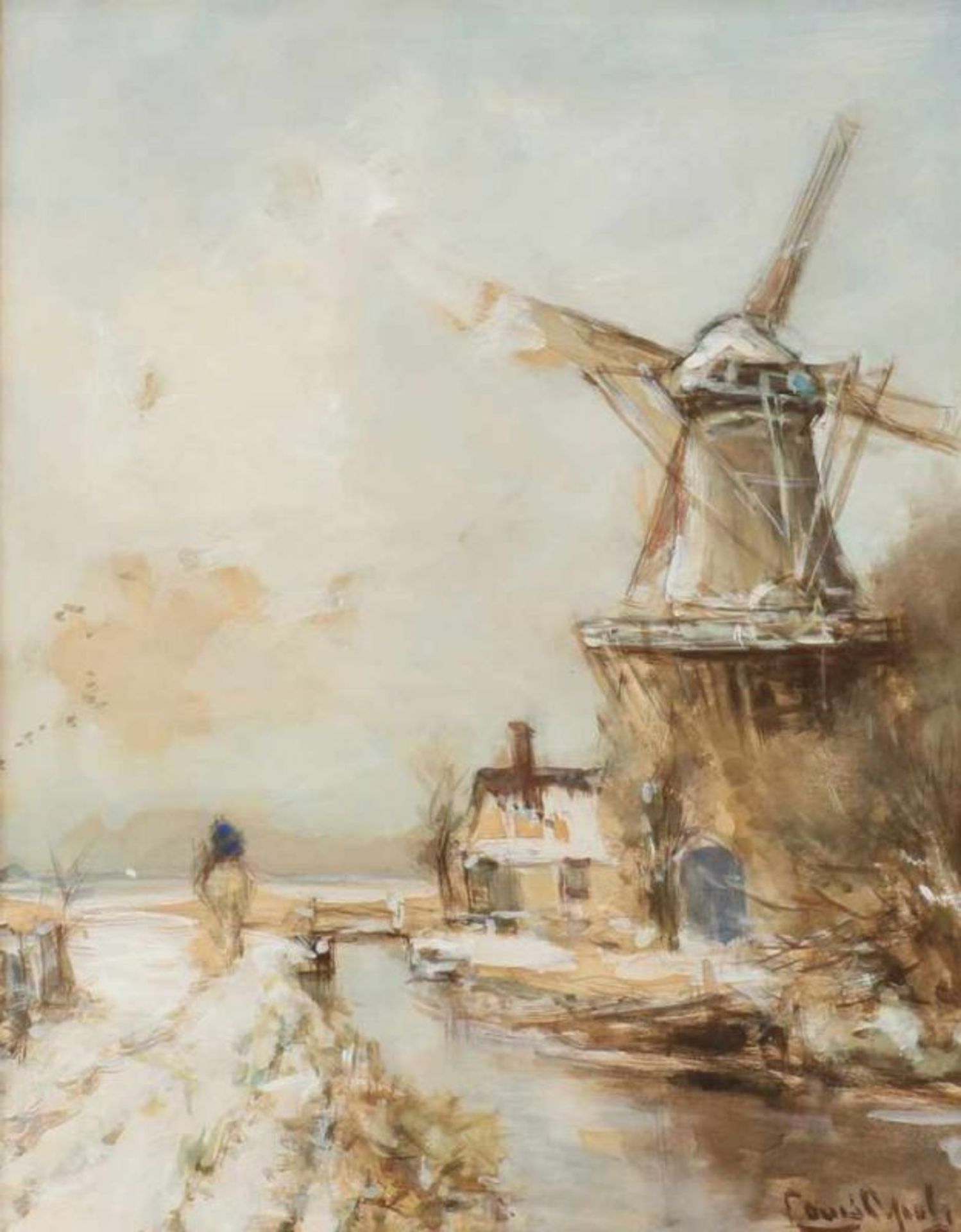 Louis Apol. 1850 - 1936 Dutch winter scene with windmill and horse rider. Gouache on paper.