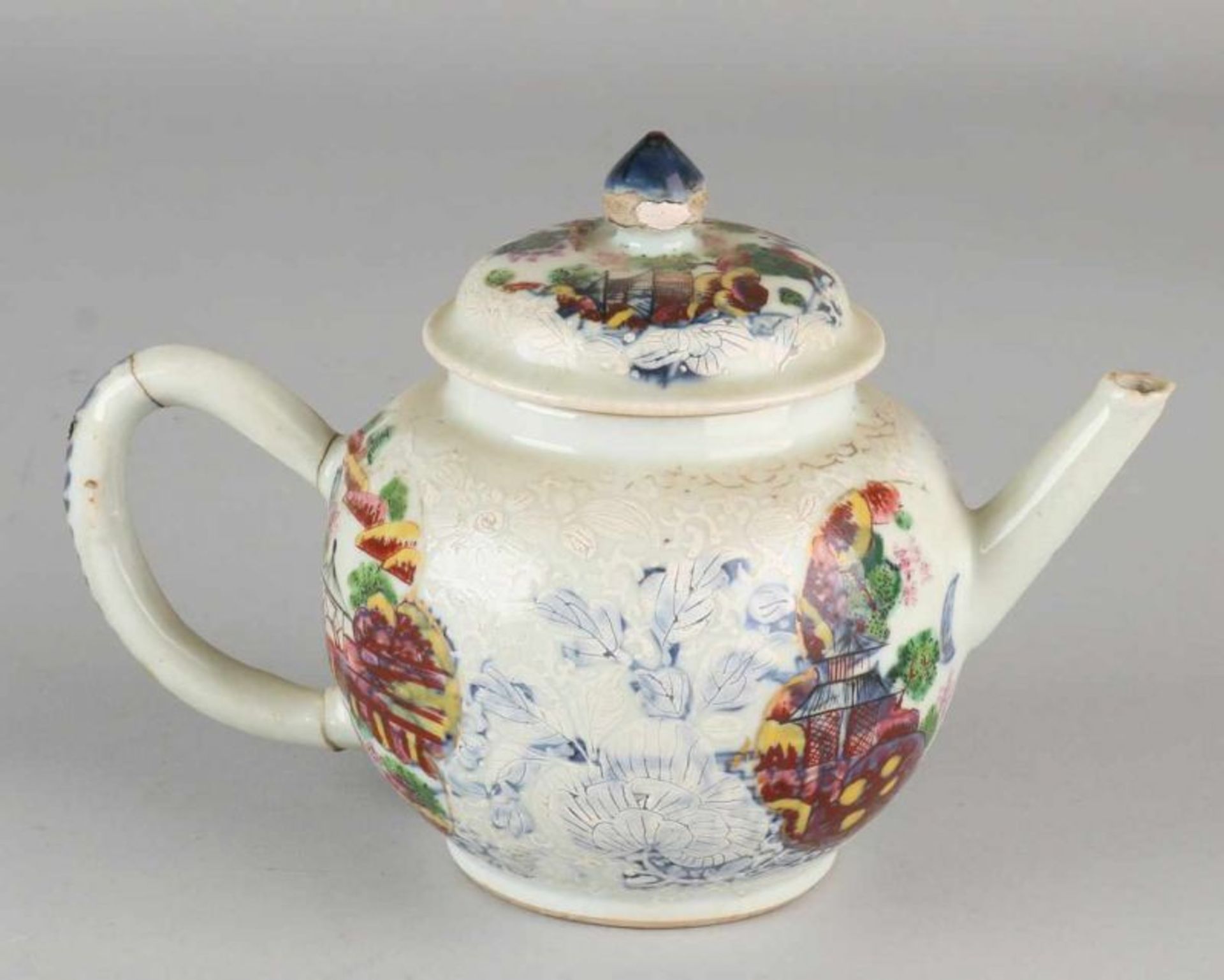 Separate 18th - 19th century Chinese porcelain teapot with landscape + white floral decors. Spout - Image 2 of 3