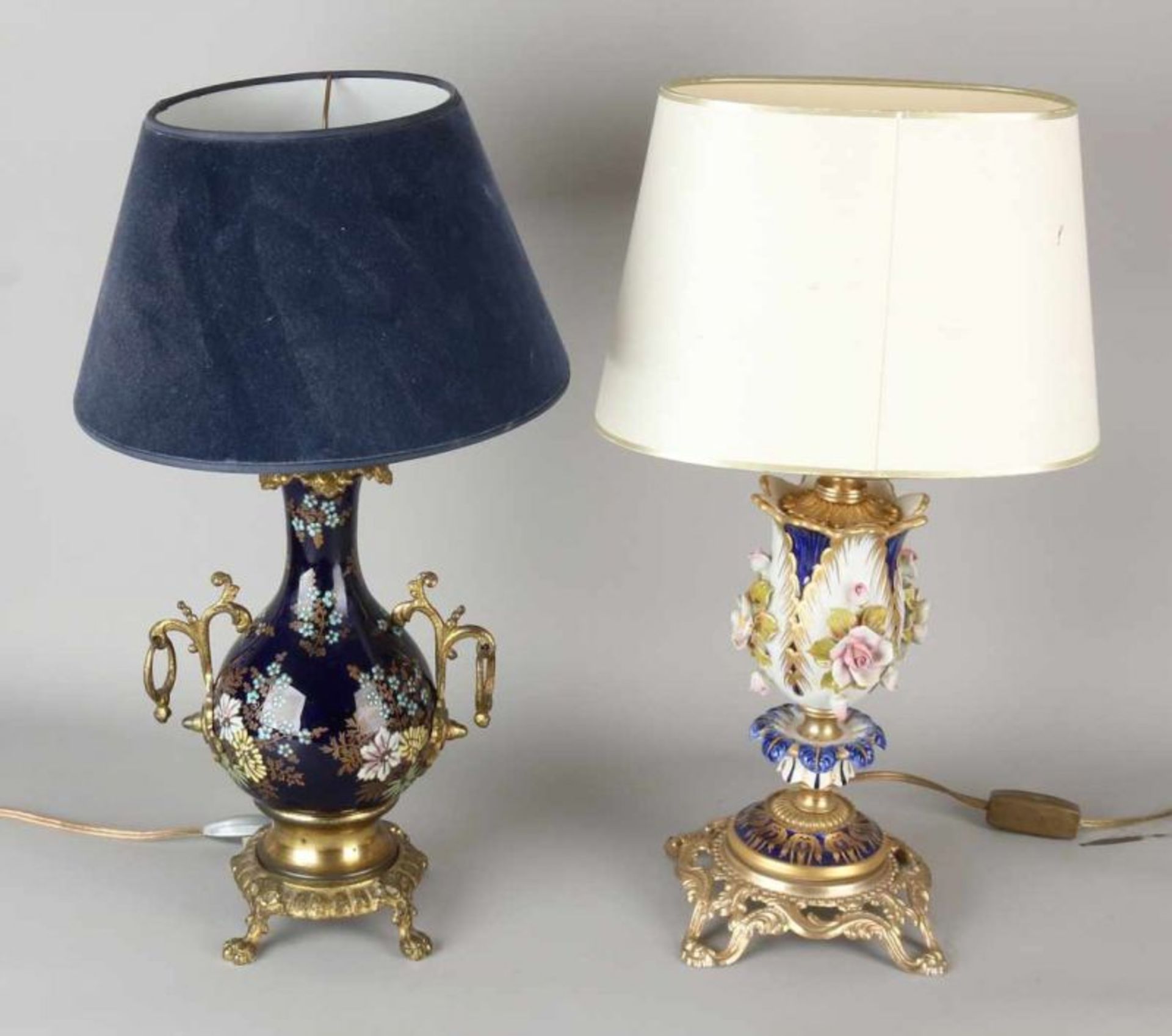 Two old / antique porcelain table lamps with brass. Hand painted, floral. One time there Sevres