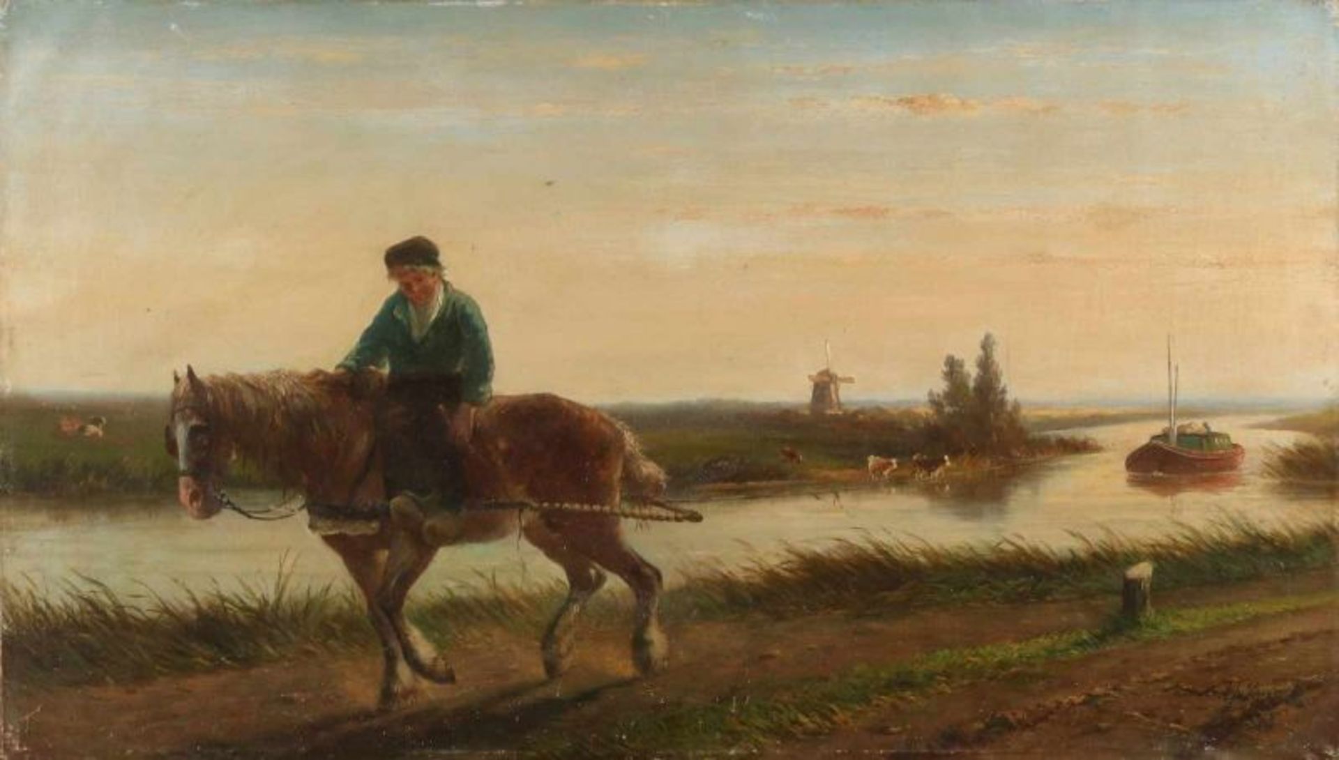 A.J. of Prooijen. 1834 - 1898. Boy horseback pulling barge. Oil on linen. Hole. Size: 53 x H, B 92