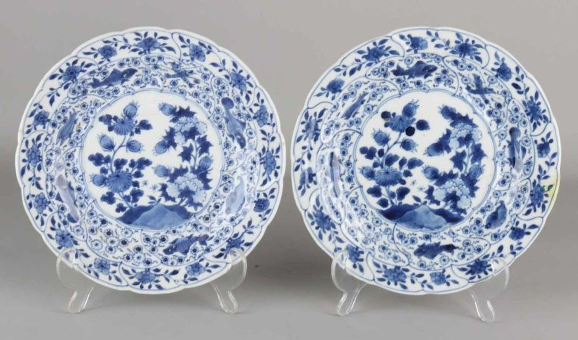 Two 18th century Kang ci Chinese porcelain plates molded with carp and garden decor. One sign