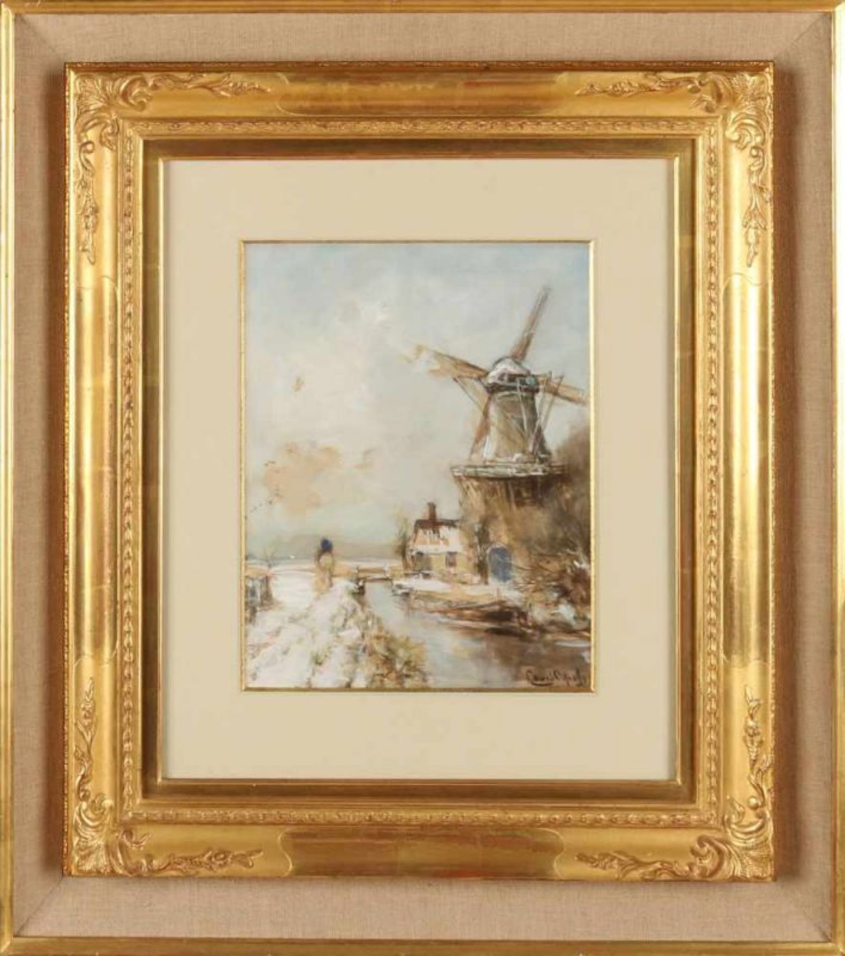 Louis Apol. 1850 - 1936 Dutch winter scene with windmill and horse rider. Gouache on paper. - Bild 2 aus 2