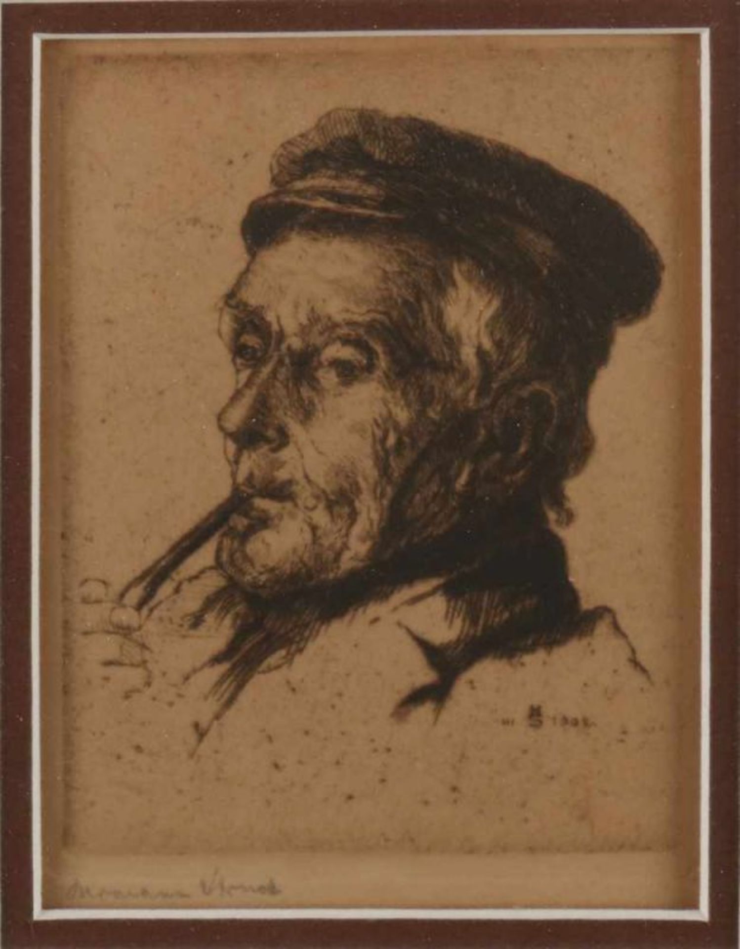 Monogram H.S. 1892. Boer smoke pipe. Etching on paper. Size: 13 x B H 9 cm. In good condition.