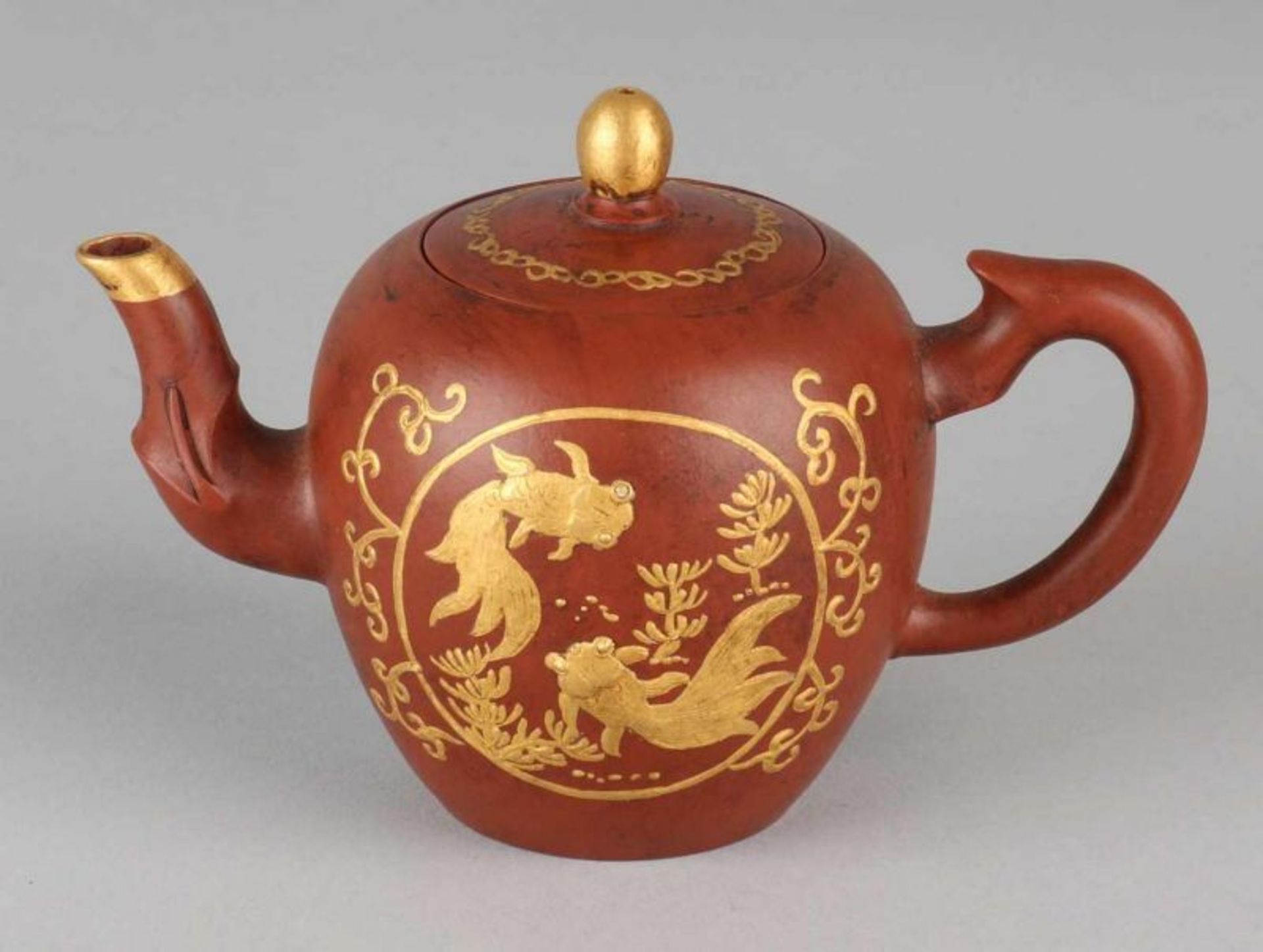 Old / antique Chinese Yixing teapot with golden veil fish decor. Bottom Brand. Size: 9 x 13 x 7