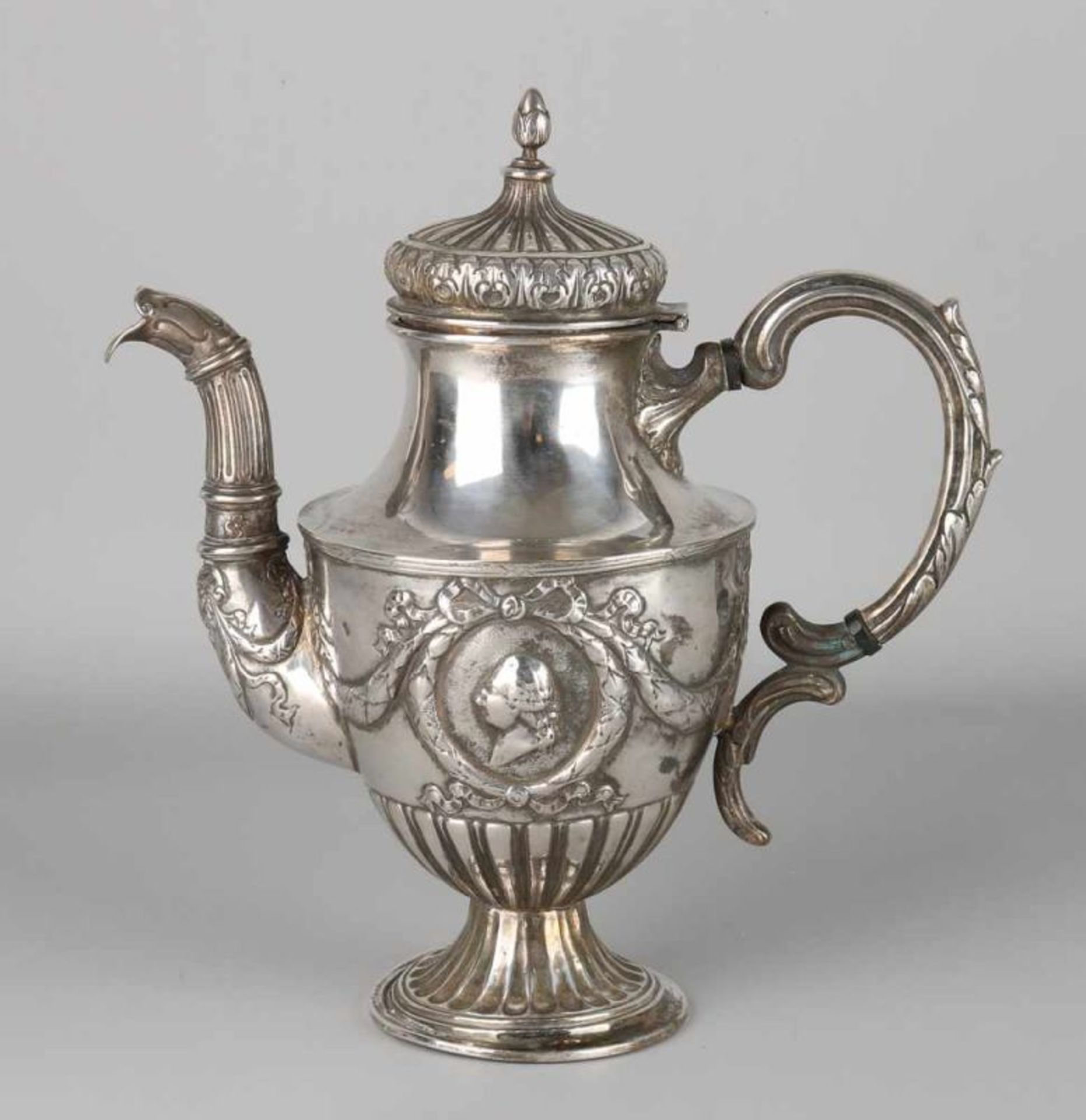 Silver can, BWG, Louis XVI-style, high coffee decorated with medallions with garlands and bows.