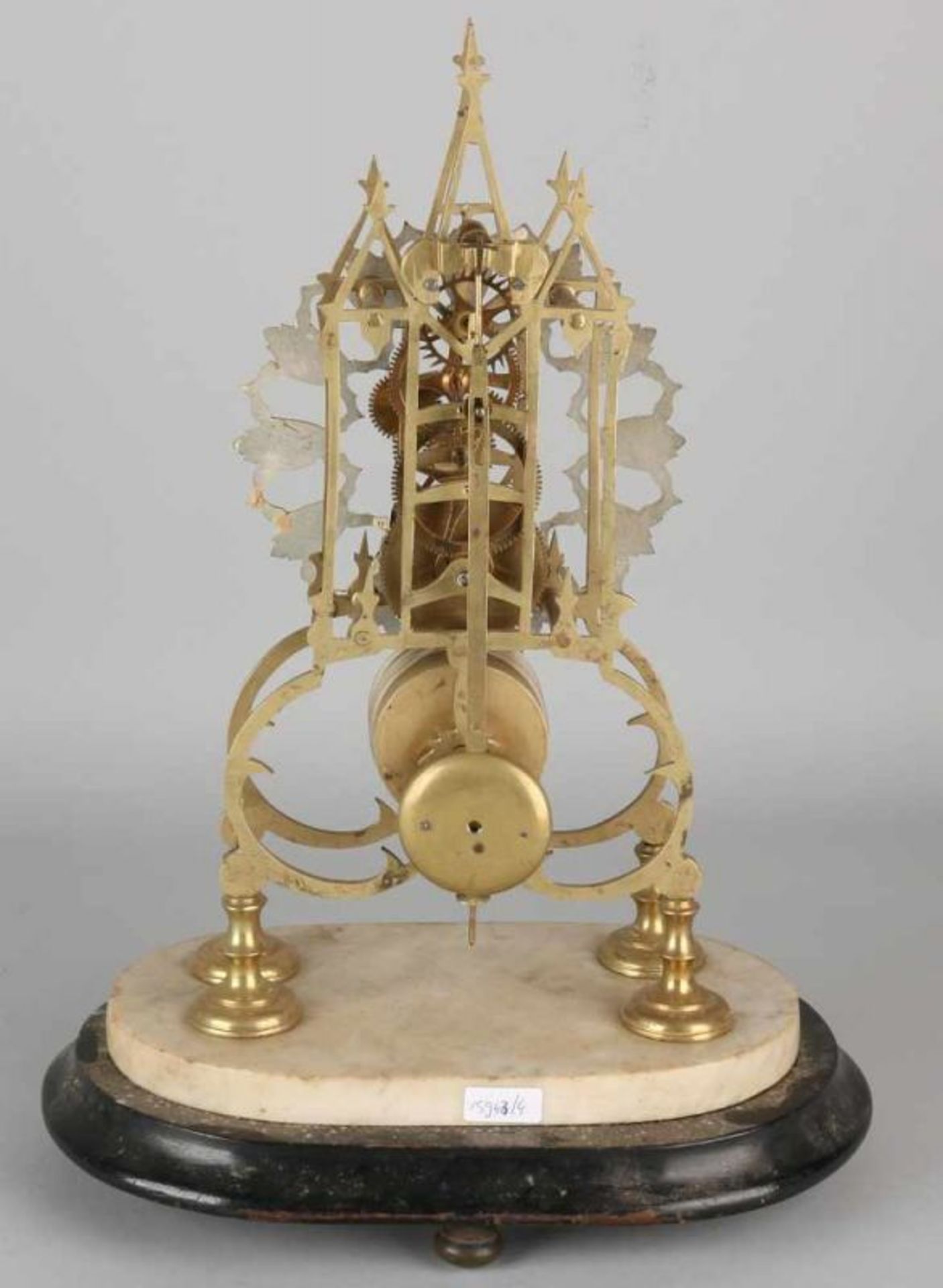 Antique English brass skeleton clock with fusee. On wood with alabaster basement. Circa 1880. - Image 3 of 3