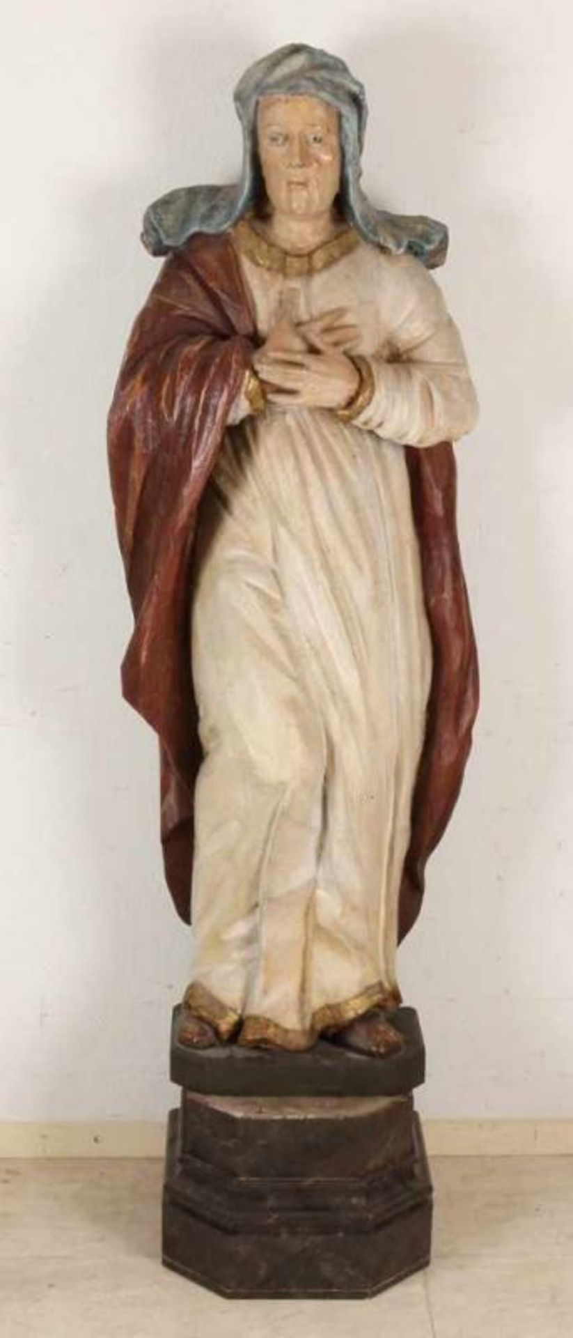 Very large 18th century church wood inserted figure console with polychrome. Partially restored.