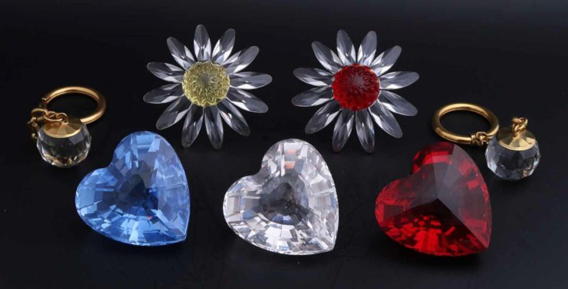 Lot 5 parts including 3 Swarovski crystal hearts in bright red and blue crystal approximately