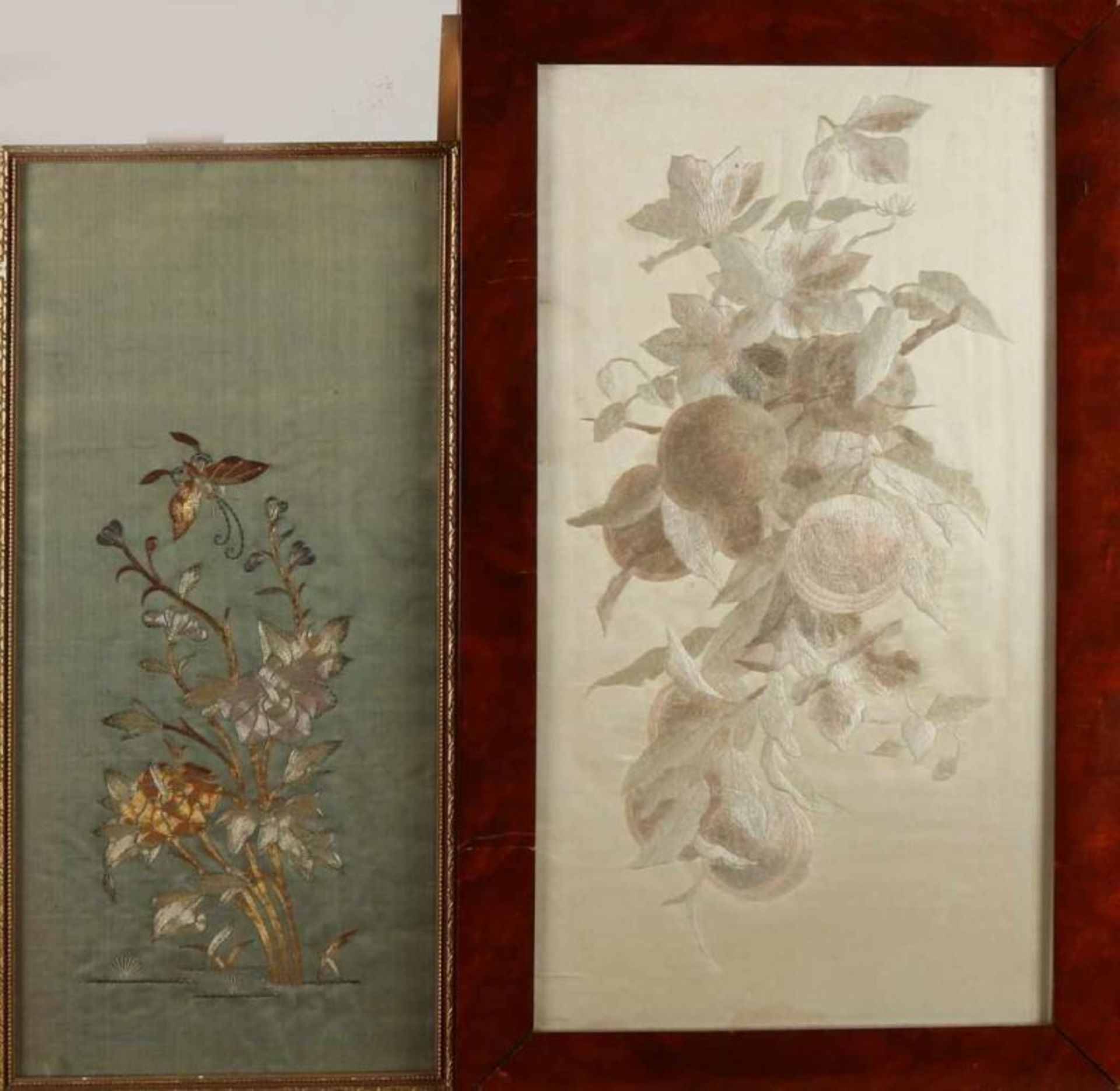Two old / antique silk embroidered art. Including one with gold and silver thread, Japan. Size: 50-
