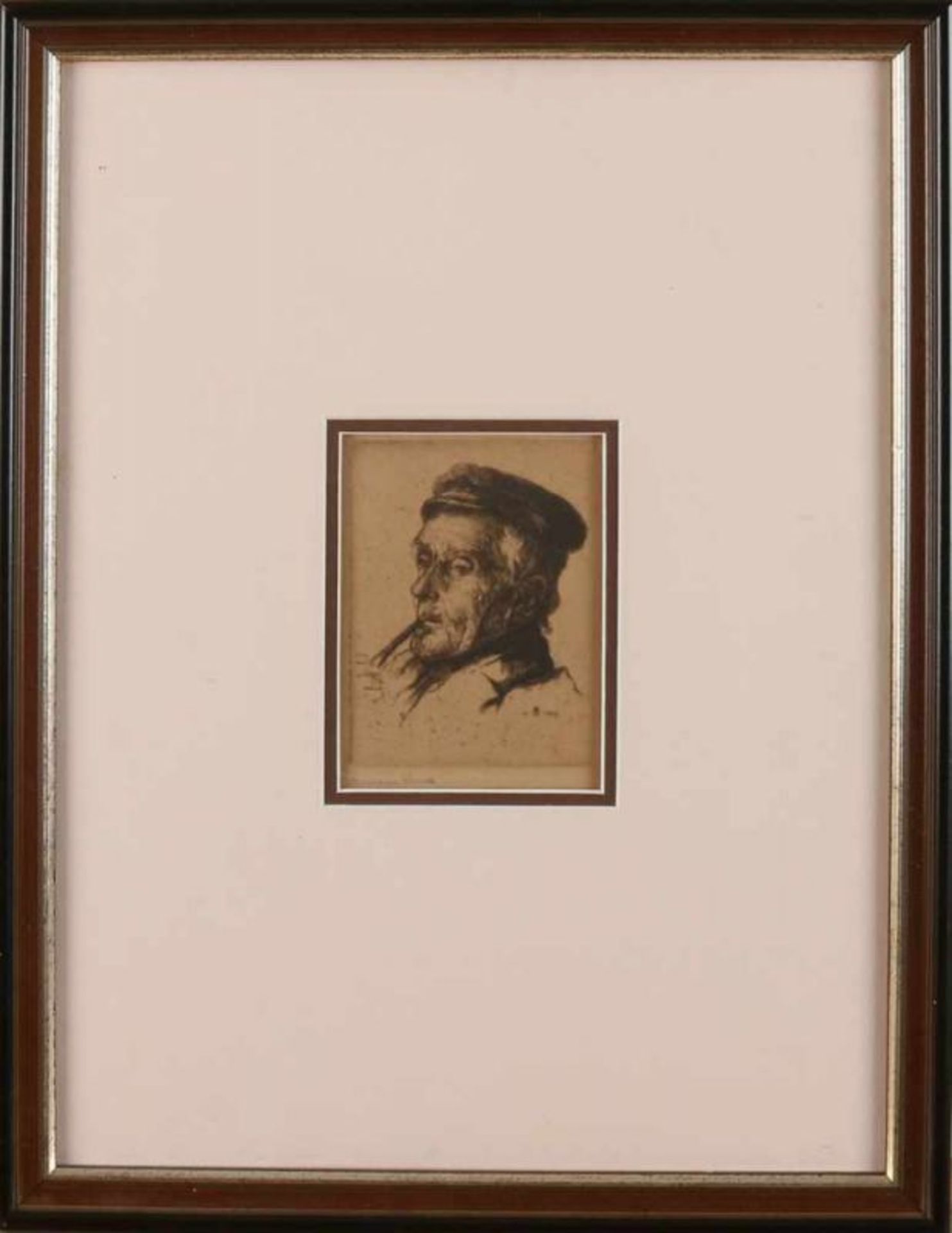 Monogram H.S. 1892. Boer smoke pipe. Etching on paper. Size: 13 x B H 9 cm. In good condition. - Image 2 of 2