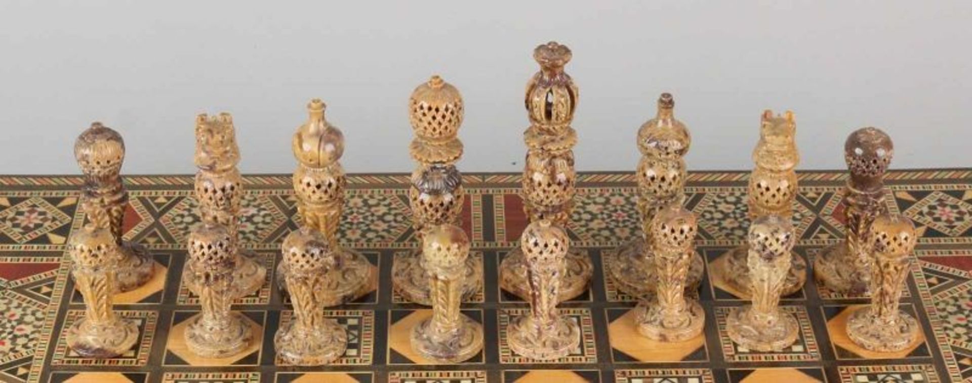 Eastern soapstone chess with intarsia chessboard. Morocco / Turkey. Size: 16 x 50 x 50 cm. In good - Image 2 of 3