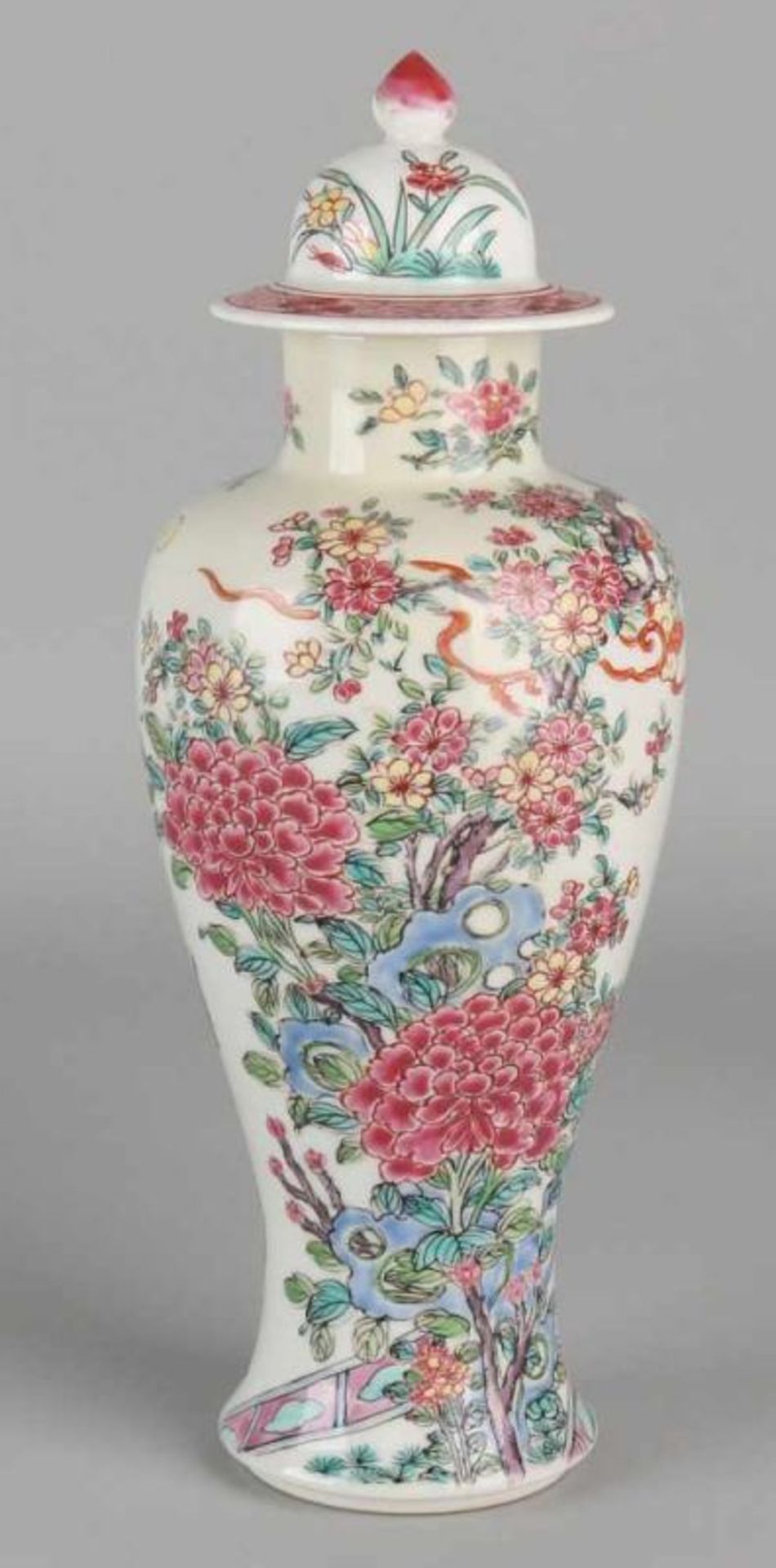 Finely decorated ancient Chinese porcelain Family Rose vase with figures in garden decor.