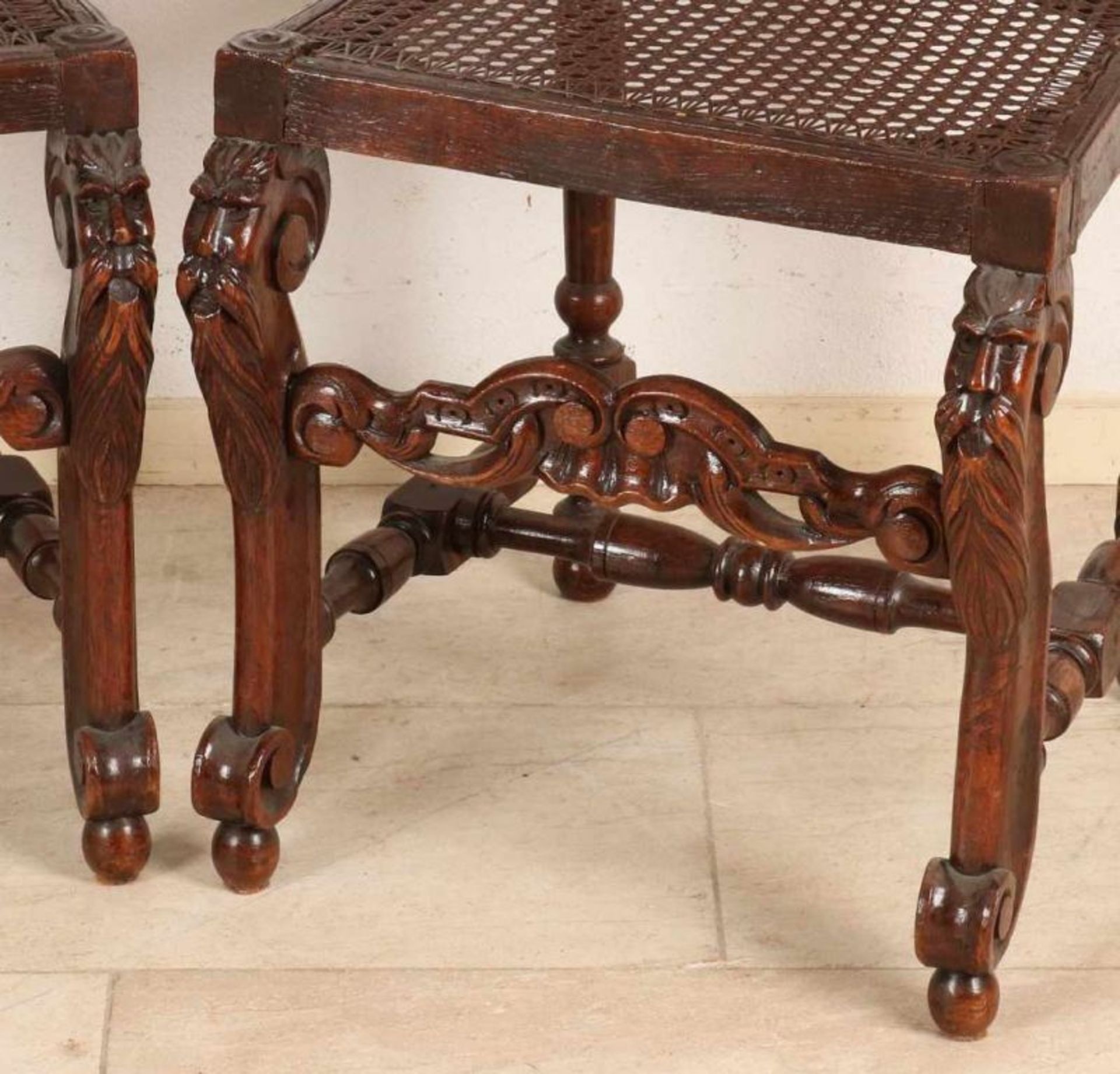 Six antique French oak Neo Renaissance stabbed chairs with wicker. Fratsen tendrils and on the legs. - Image 3 of 3