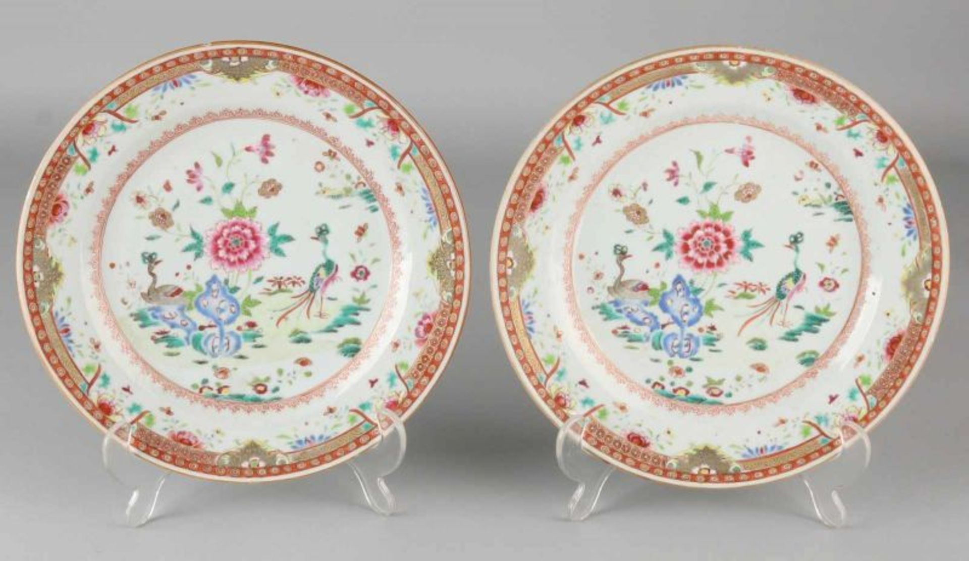 Two 18th century Chinese porcelain Family Rose plates with floral / decor paradise. Potato chips.