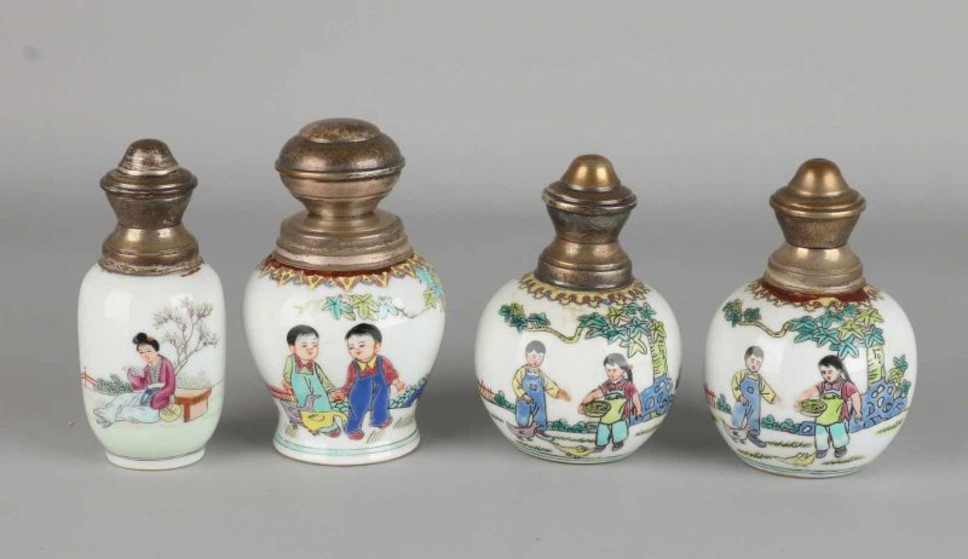 Four antique Chinese porcelain Republican cover jars with silver mounts. Bottom Brand. Circa