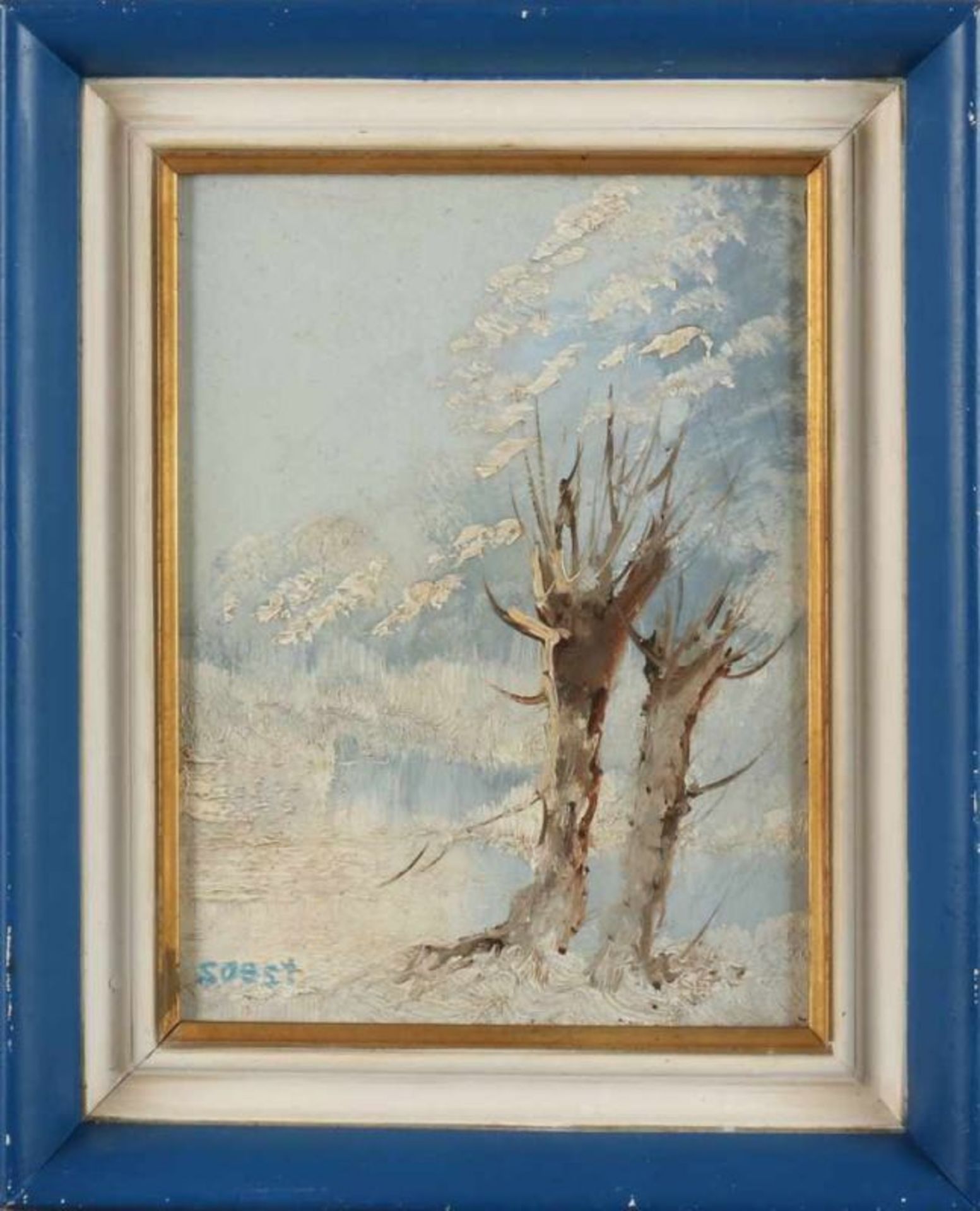 Soest. 20th century. Winter landscape with willows. Oil paint on panel. Size: 24 x H, B 18 cm. In