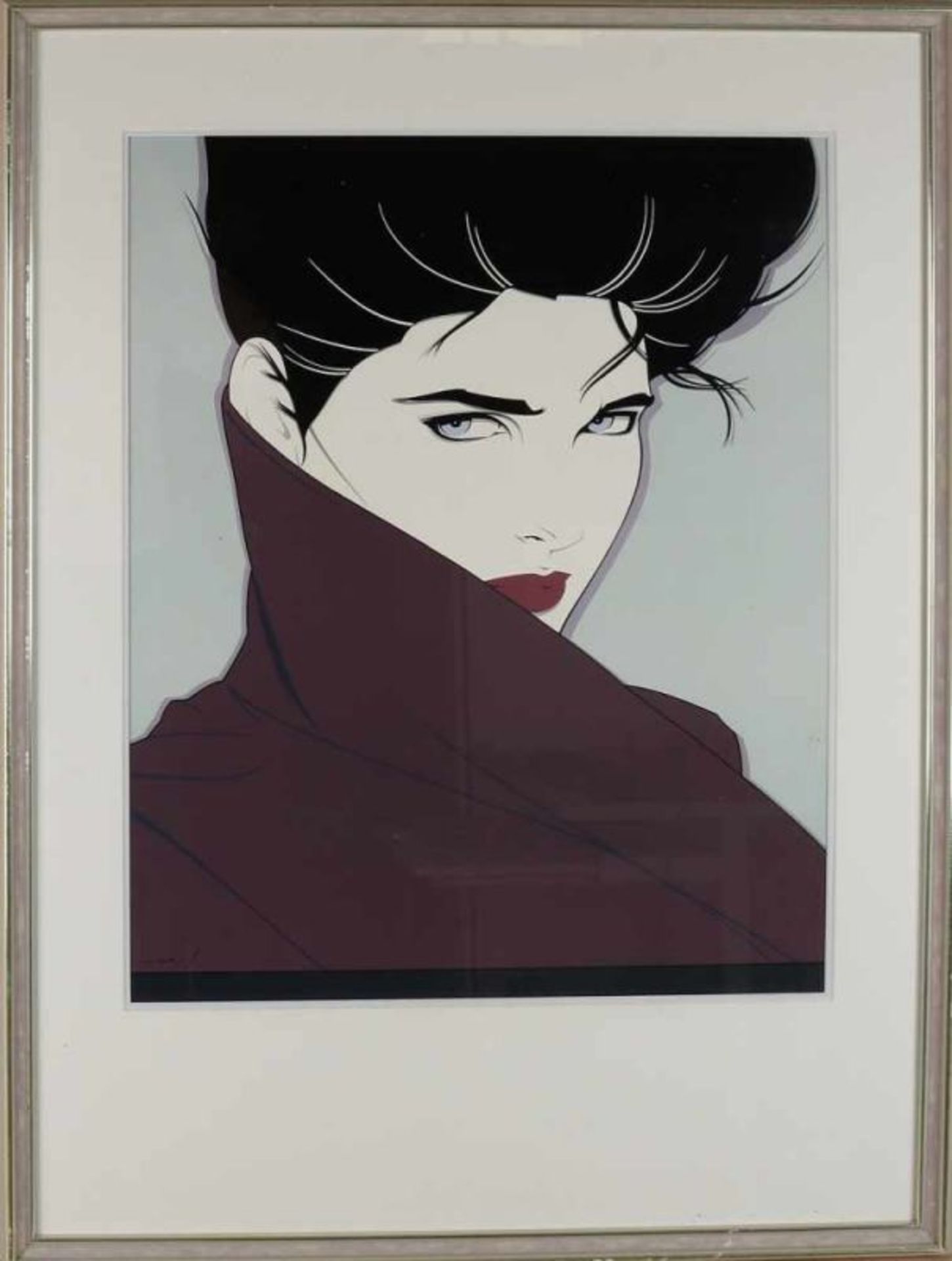 Patrick Nagel. 1945 - 1984 U.S.A. Lady with raincoat. Lithograph on paper. Size: 68 x H, B 55 cm. In