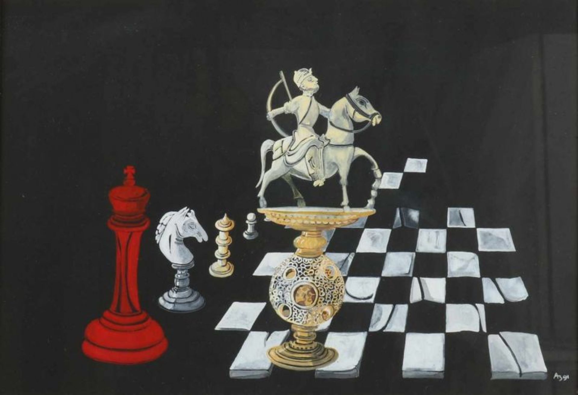 Aad van den Bosch. 1937 -. Chess Presentation. Gouache on paper. Size: 30 x H, B 45 cm. In good