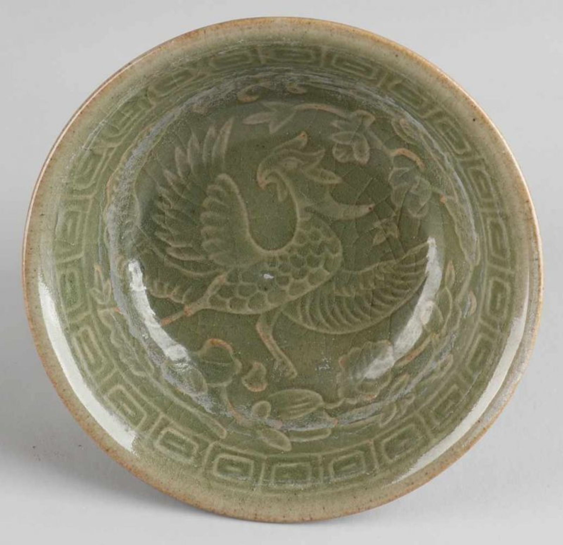 Ancient Chinese celadon wijncup with bird and flowering branches. Size: 9 x 11 cm dia. In good - Image 3 of 3