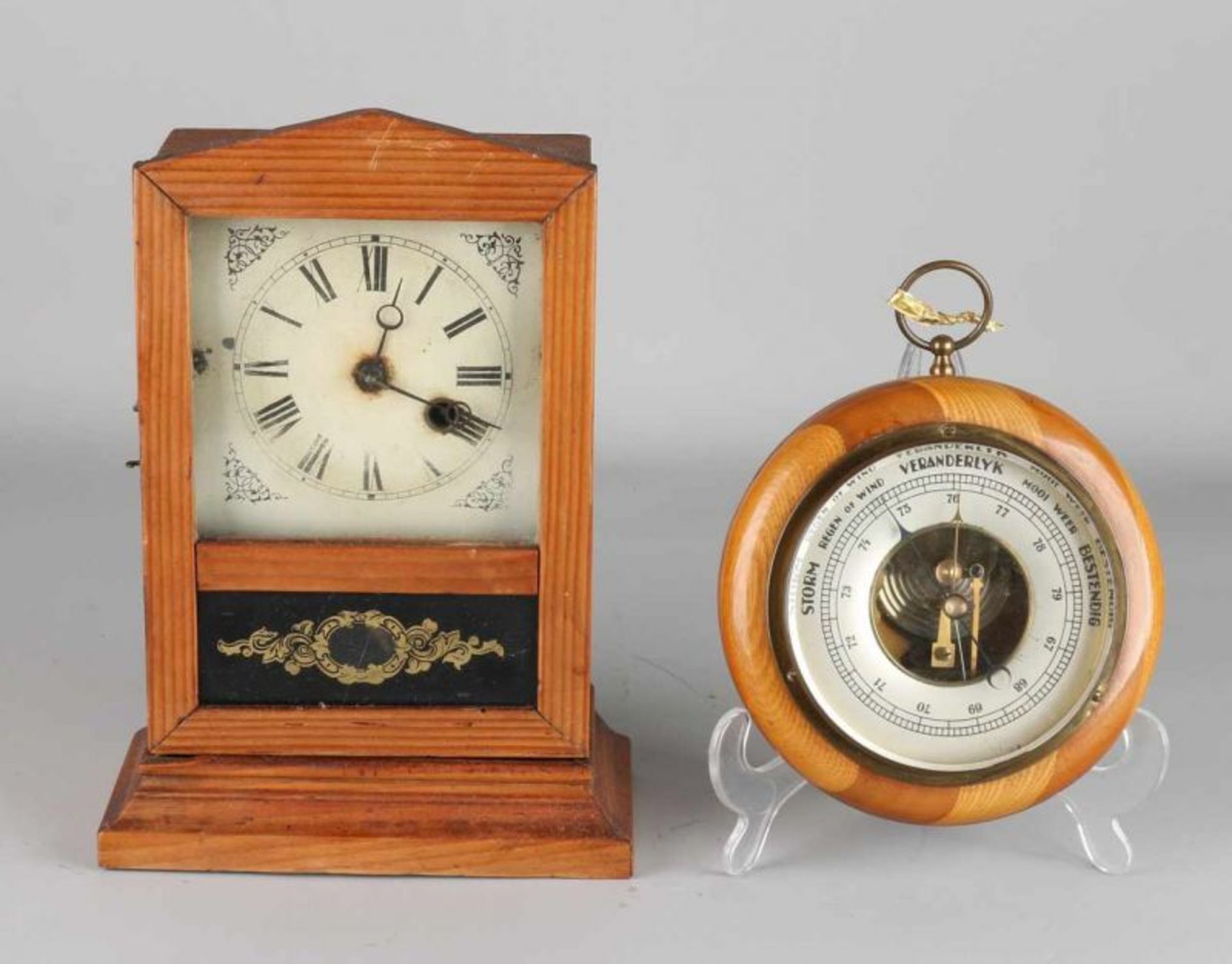 Antique table clock and barometer. 20th century. Table Clock, U.S.A., pine, circa 1900. Mahogany