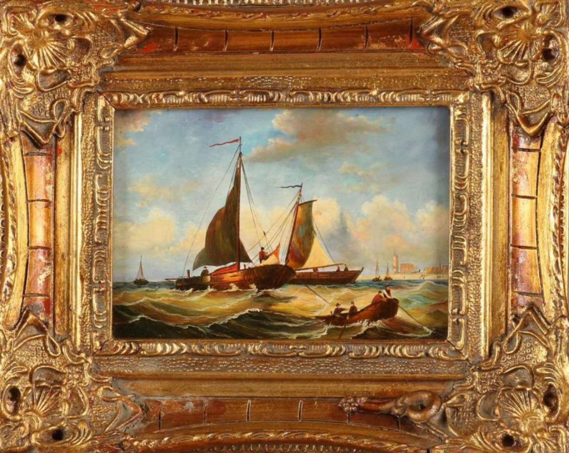 Unsigned. Second half 20th century. Seascape with boats. Oil paint on panel. Size: 13 x H, B 17
