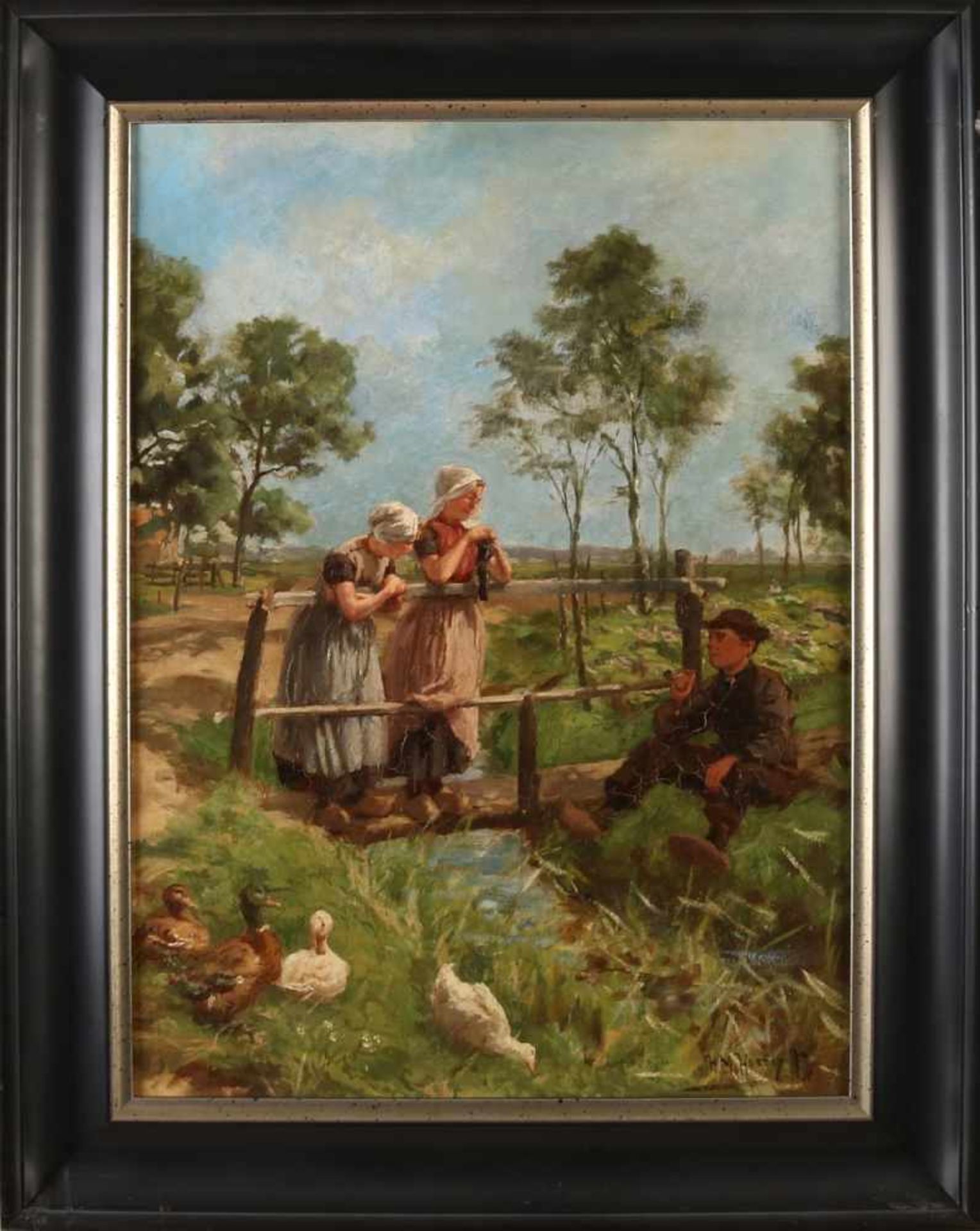 H.M. Horix 1845-1923 Zeeland girls on bridge in ditch boy and ducklings. oil on canvas (craqule)