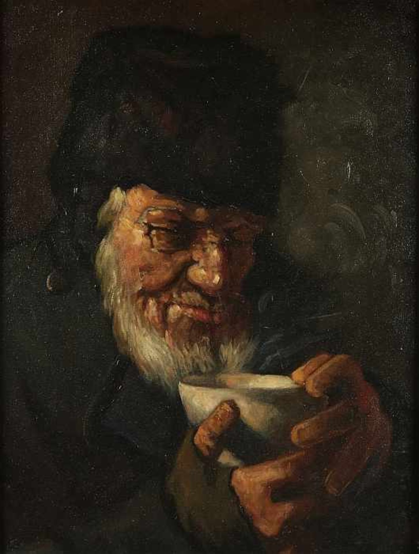 Unsigned. Circa 1930. Jewish man drinks tea. Oil on linen. Size: B H 50 x 40 cm. In good condition.