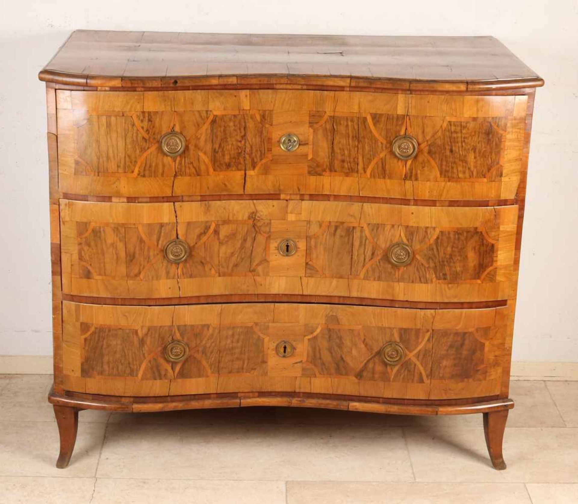 18th Century German Baroque walnut curved drawers with original locks. Replace batter.