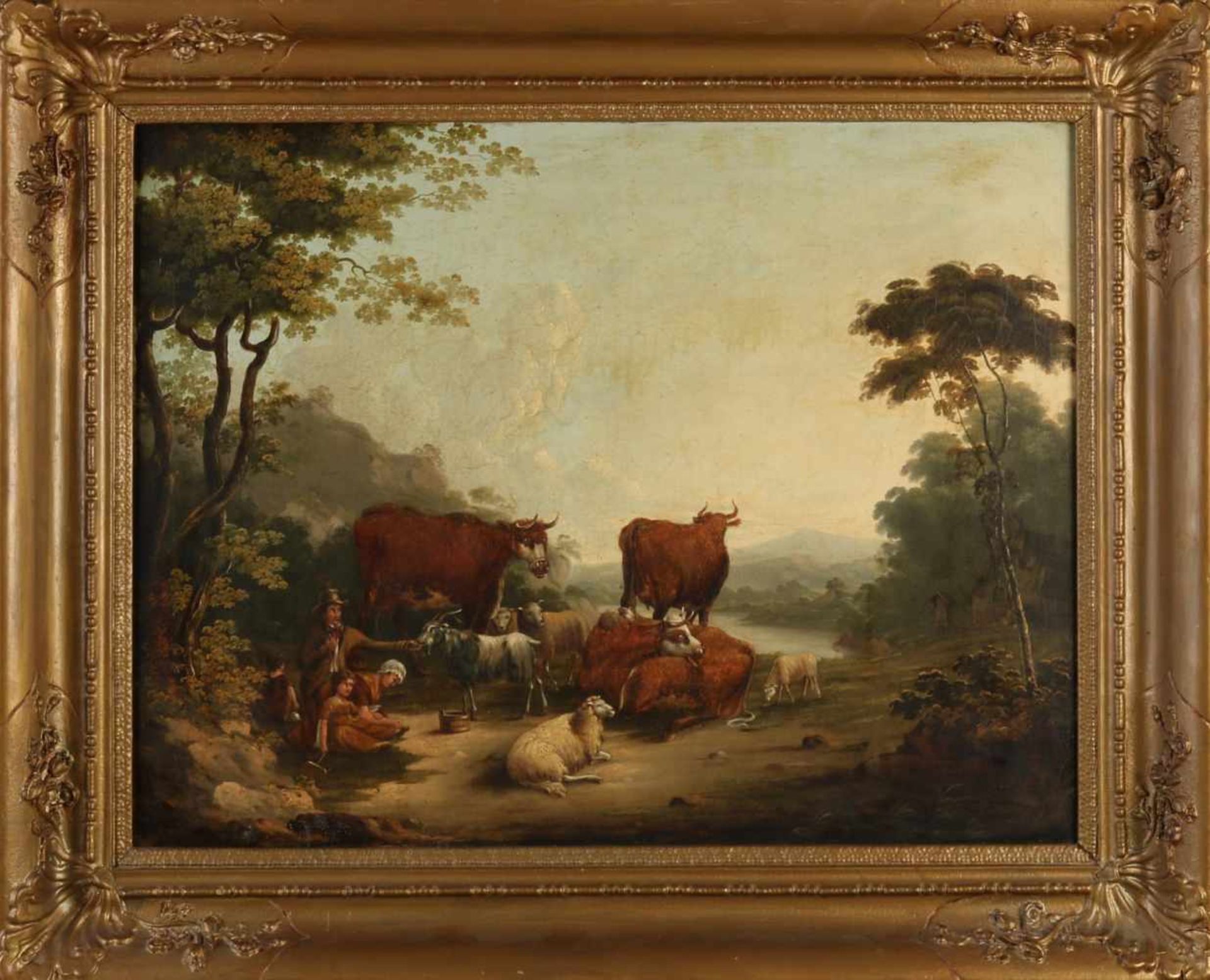 Unsigned? Circa 1800. Two landscapes. Berg rural landscapes with cattle and figures. Oil on linen. - Bild 2 aus 2