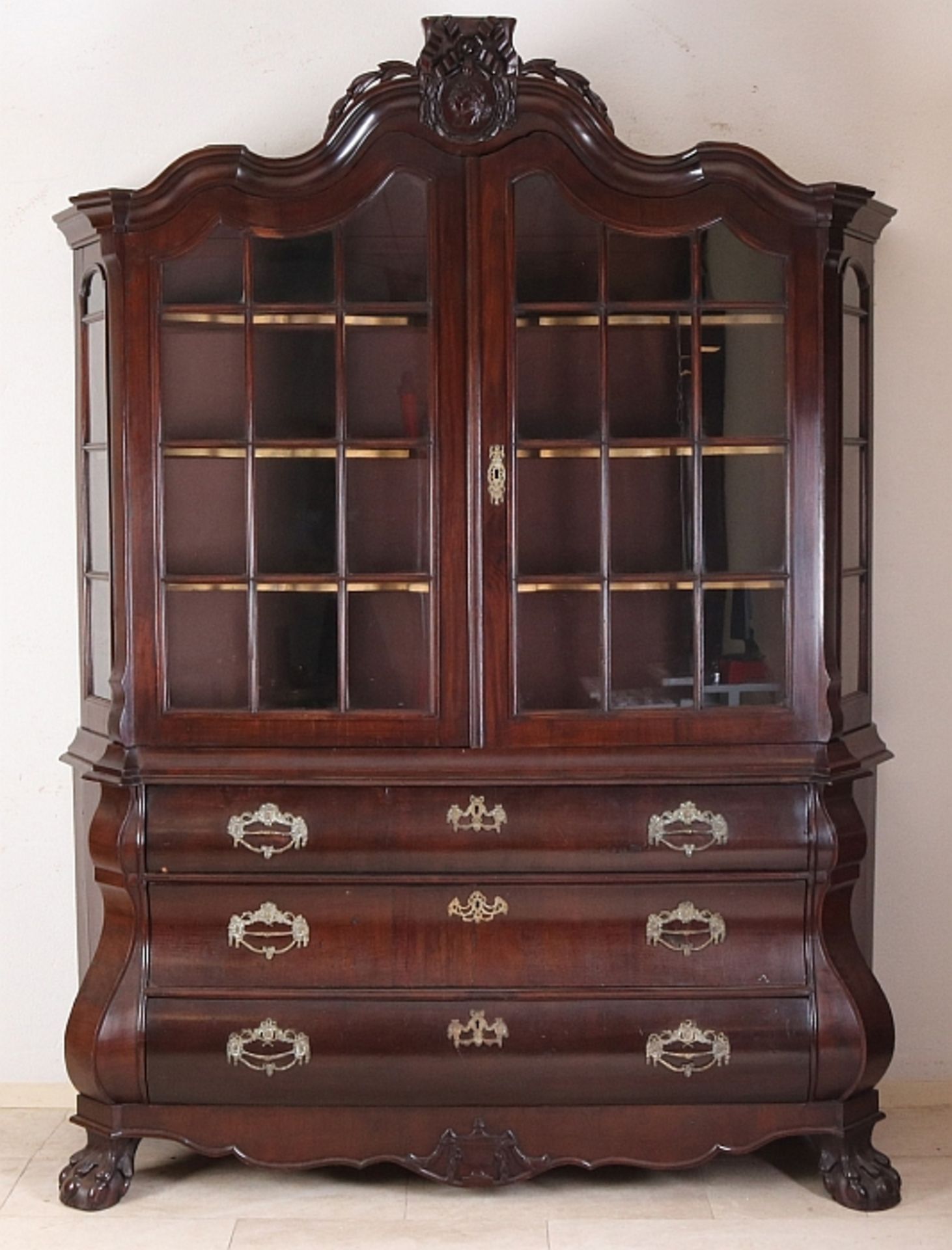 Dutch Baroque mahogany cabinet with beautiful bronze fittings and claw feet. China cabinet.